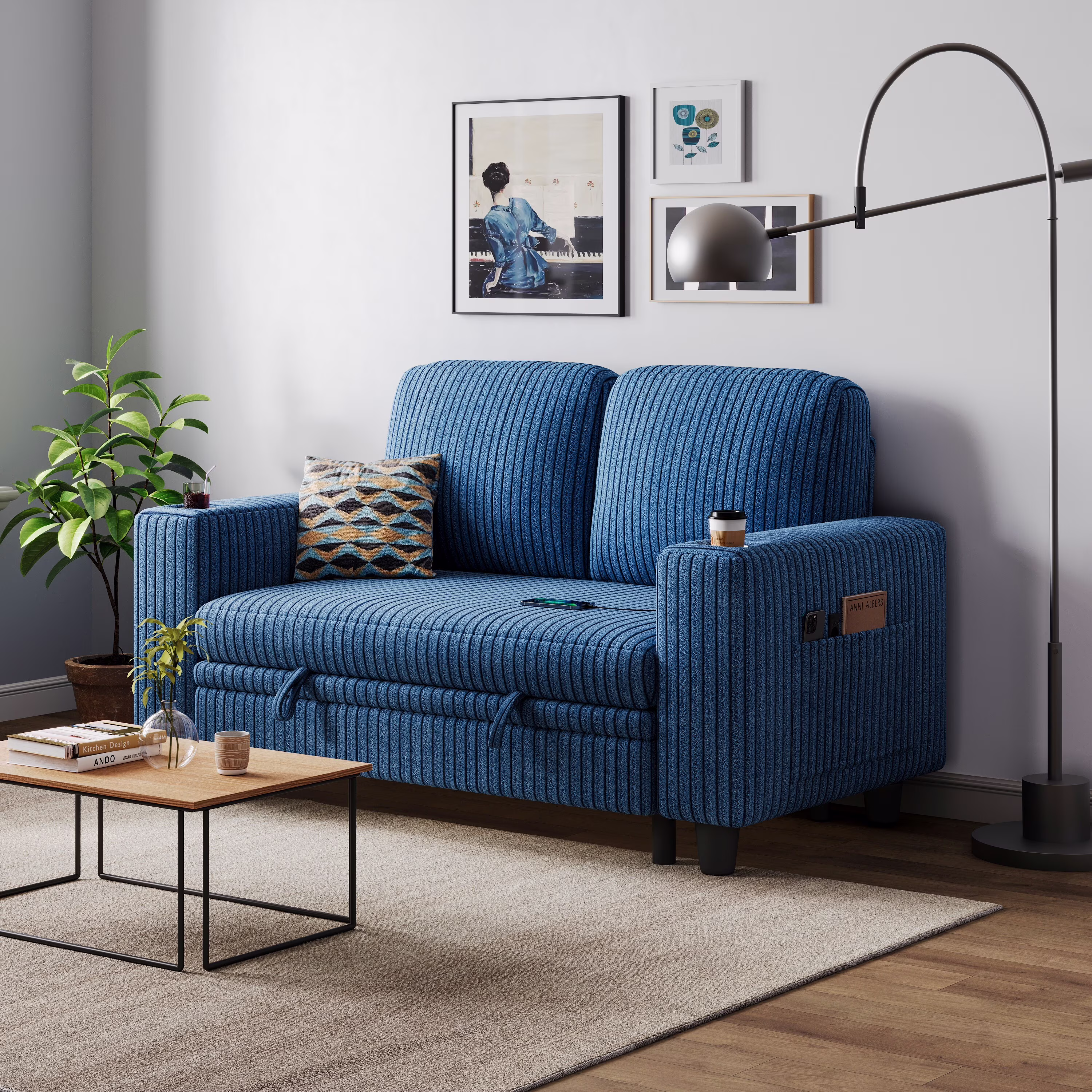 Linsy Home Plush Corduroy Pull Out Couch Chaise Lounge, Convertible Loveseat Sofa Couch With Usb & Cup Holder, Green - Image 3