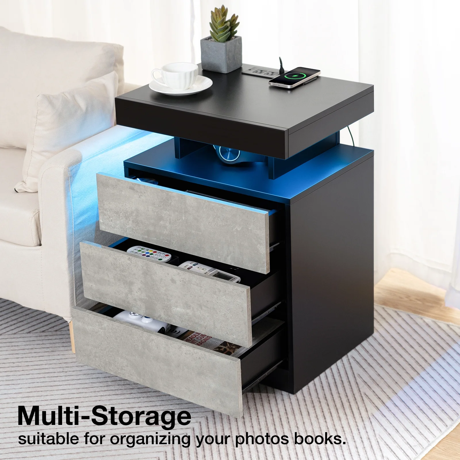 Hommpa LED Nightstand Wireless Charging Station USB Type C Outlets Bedside Table 3 Drawers Black Night Table Modern Smart Nightstand High Gloss End Side Table for Bedroom Furniture 26.8" Tall - Image 27