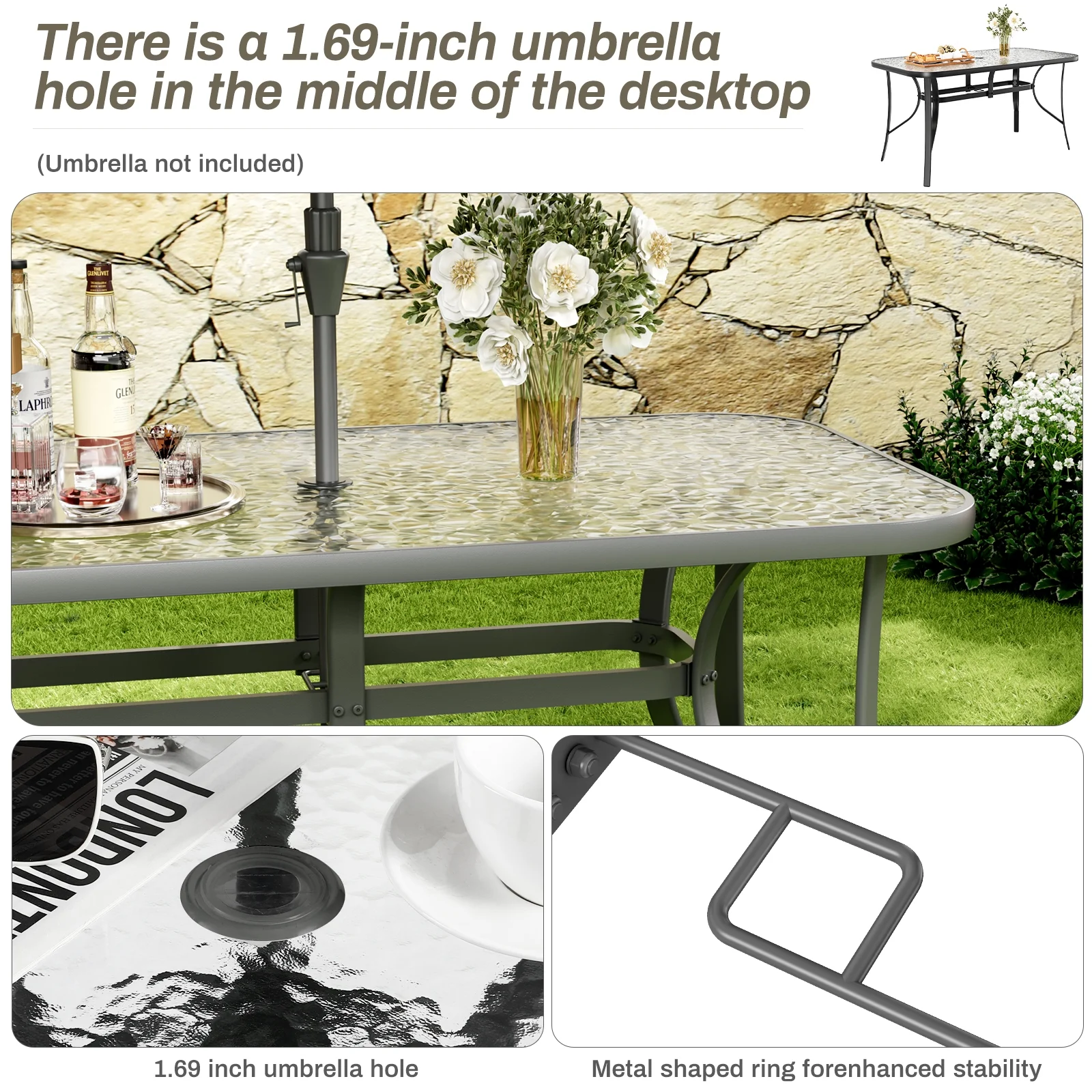 Arlopu Patio Rectangular Tempered Glass Dining Table, All-Weather Use, Outdoor Table for Garden & Backyard - Image 8