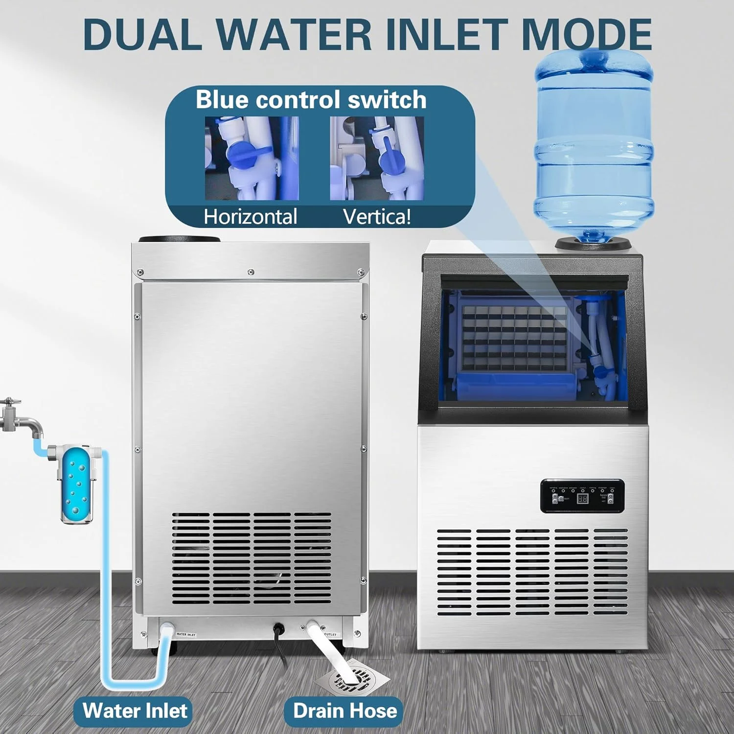 Commercial Ice Maker Machine 120LBS/24H Ice Maker, Stainless Steel Freestanding Ice Machine with 33LBS Storage Capacity, Self-Cleaning, 2 Water Inlet Modes,Ideal for Restaurant,Home,Bar