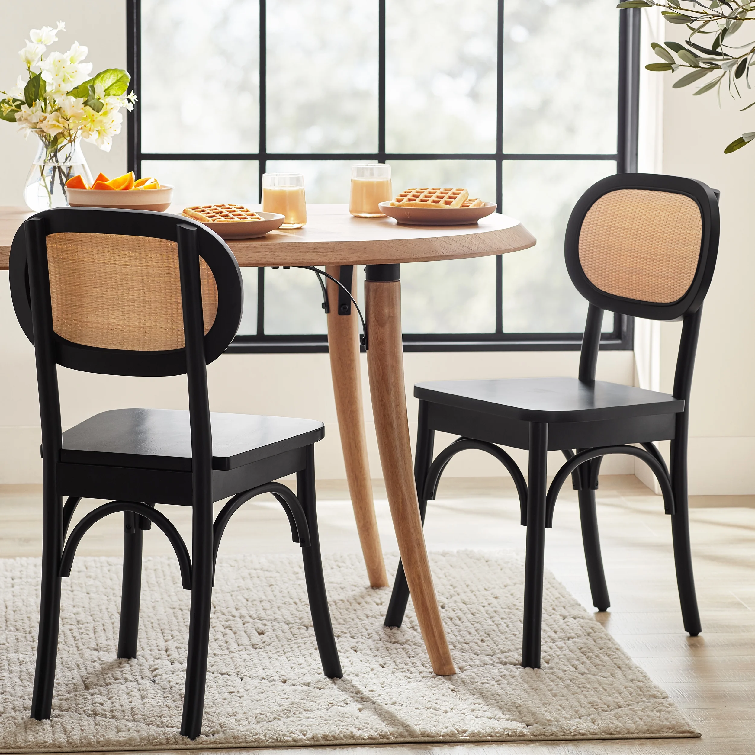 Better Homes & Gardens Camden Dining Chairs with Rattan and Solid Wood, Black Wood finish, by Dave & Jenny Marrs