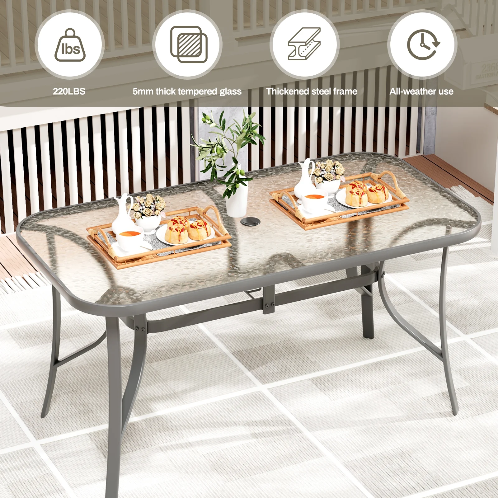 Arlopu Patio Rectangular Tempered Glass Dining Table, All-Weather Use, Outdoor Table for Garden & Backyard - Image 5