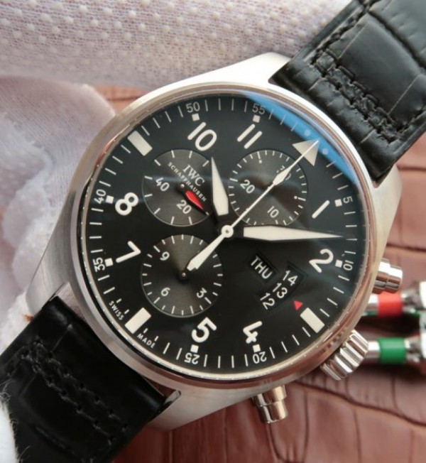Replica IWC Pilot  Chrono IW377701 Black Dial Leather Strap - Elite Watch Atelier
