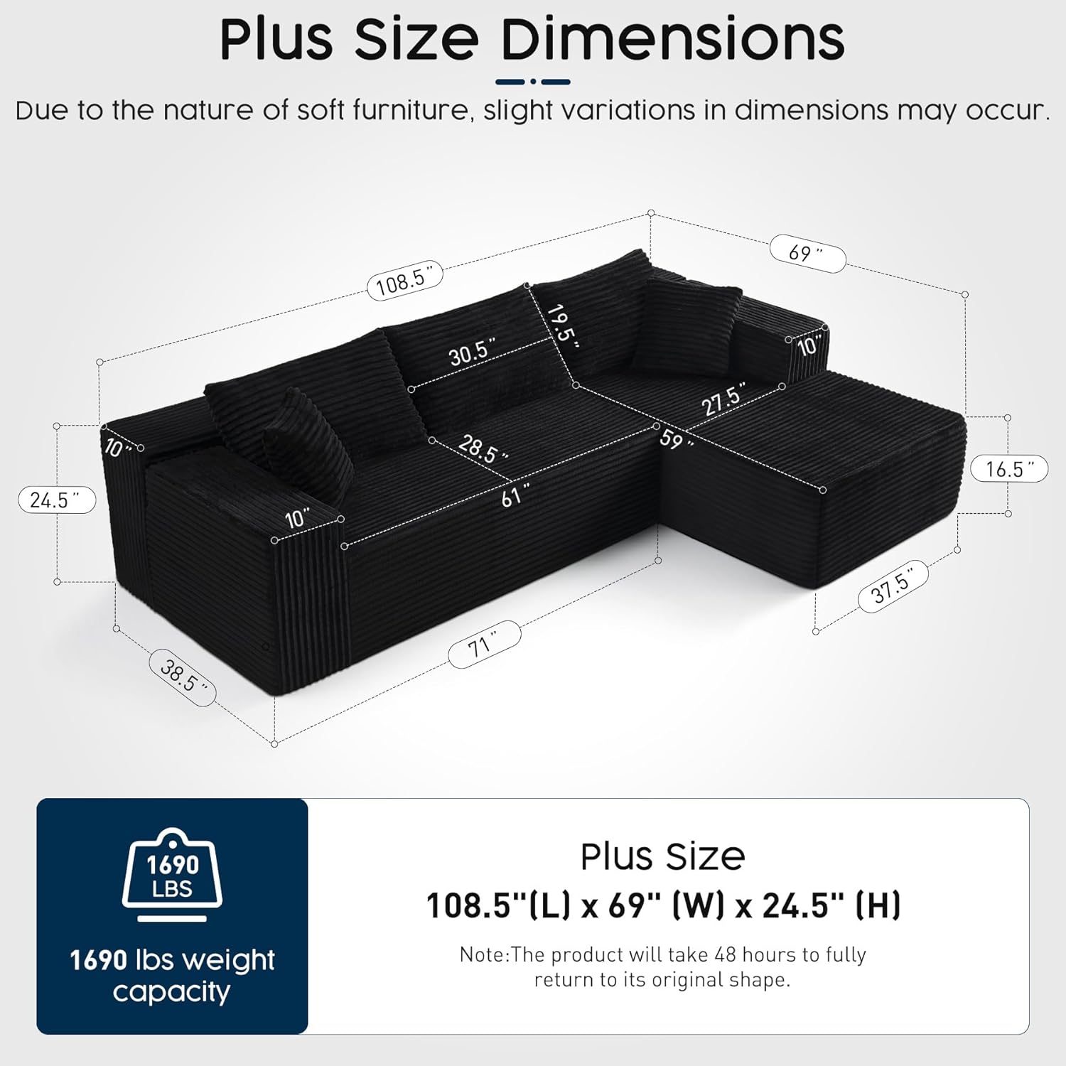 Black Sectional Couch for Living Room - 108