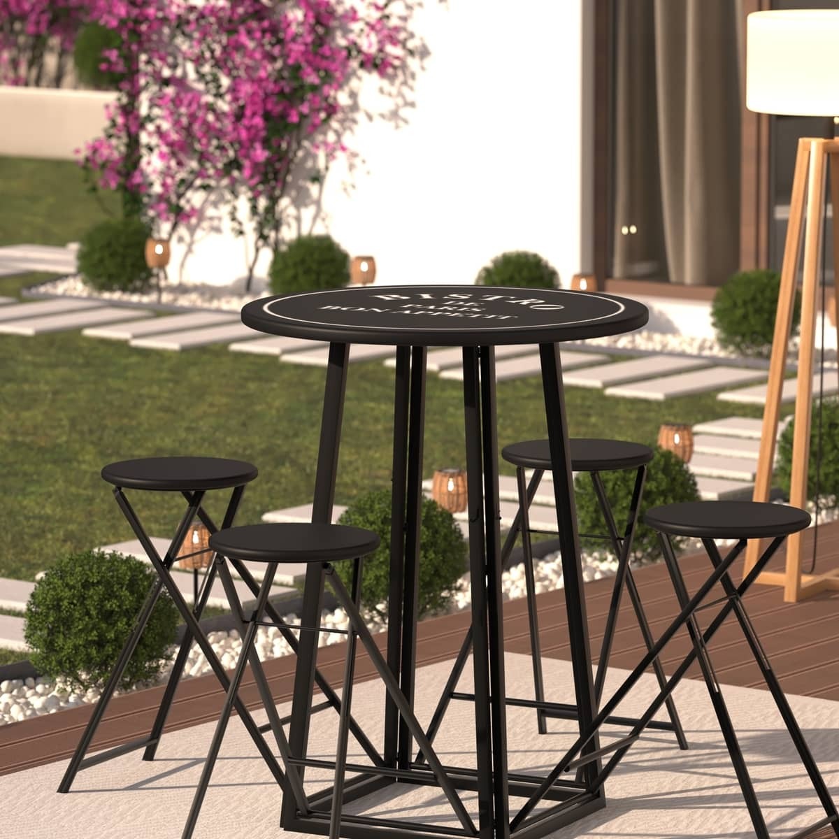 Outdoor table with 4 chairs Black and white, D.77,5 cm