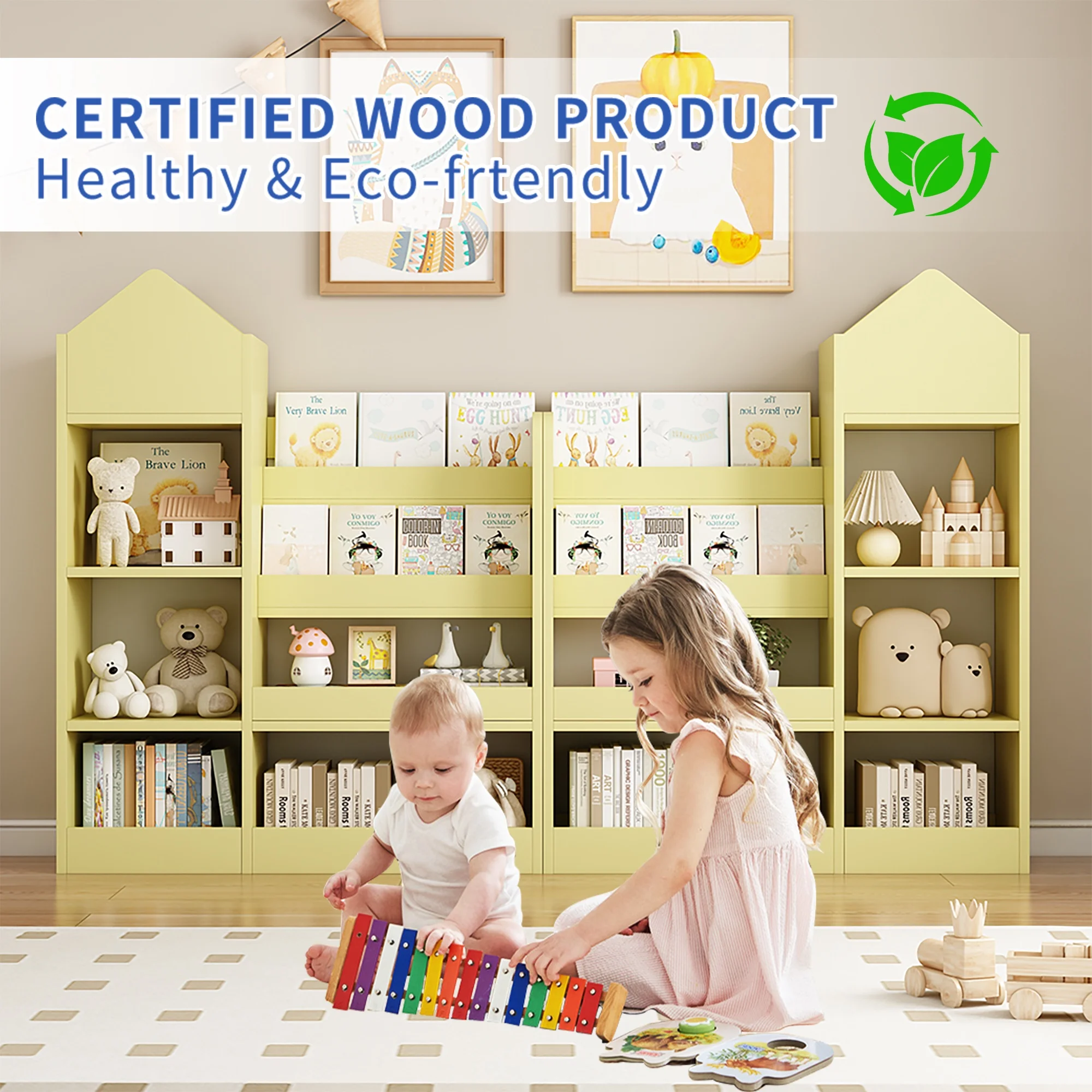 PORKISS Bookshelf for Kids, Wood Kids Bookcase with Toy Storage Organizer, Freestanding Book Shelf with 6 Compartments and 2 Baskets Bins for Kids Bedroom, Nursery, Playroom, Natural - Image 14