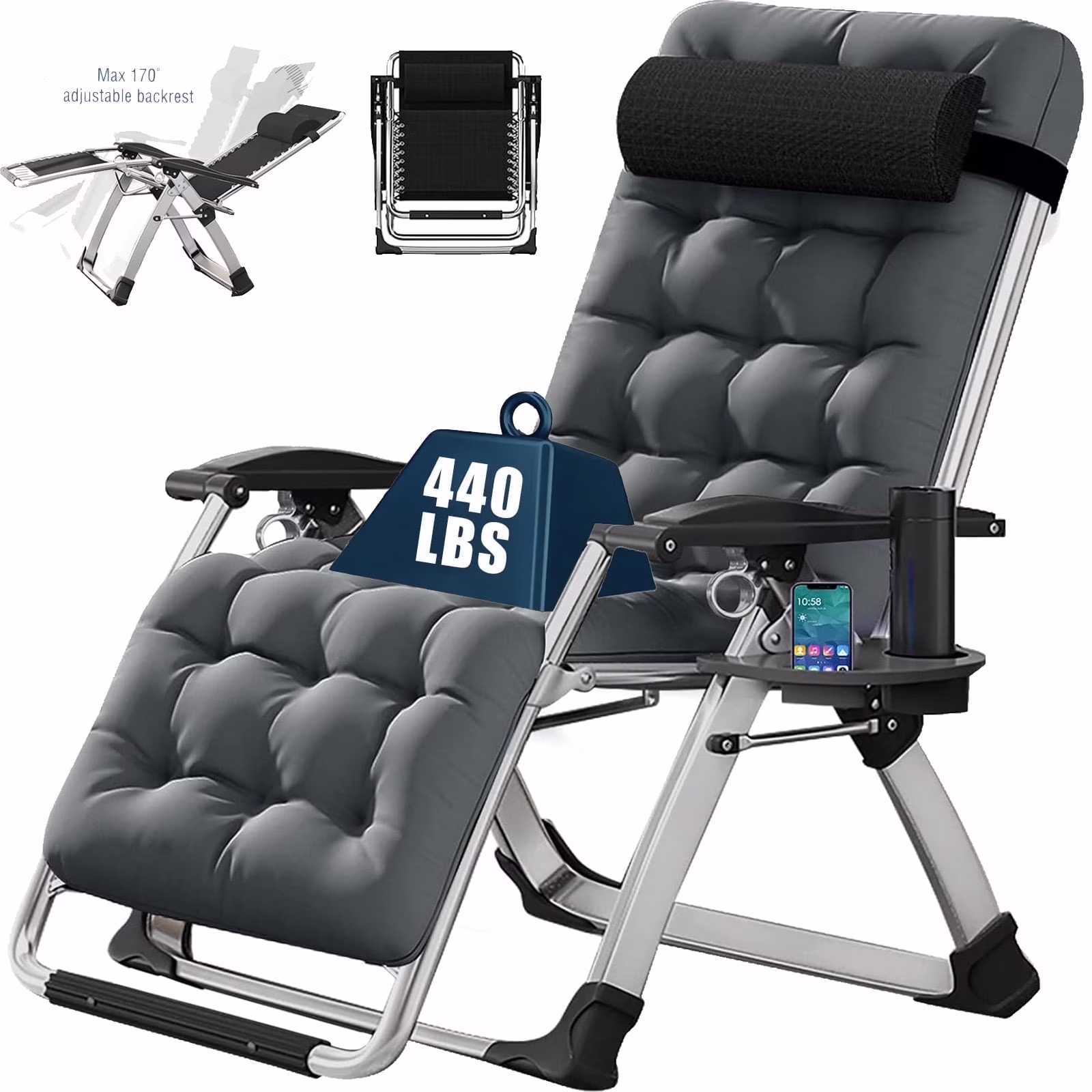 NAIZEA 2 Pack Zero Gravity Chair, Foldable Portable Lawn Recliner with Cushion, Headrest, Cup Holder, Black - Image 10