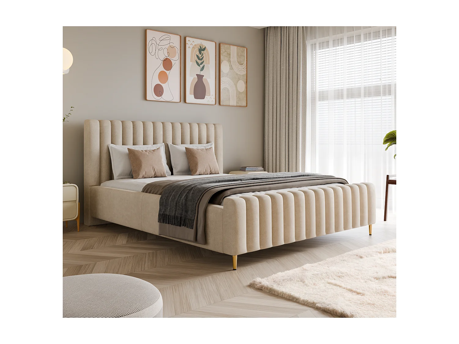 Lit rembourré 140x200 avec coffre & cadre en métal LUX Amon Beige