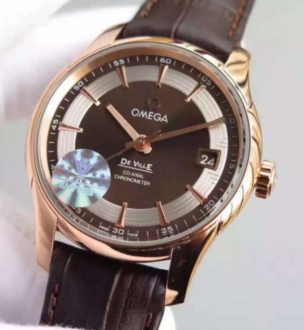 Replica Omega V6F De Ville Hour Vision Co-Axial 41mm RG Brown Dial Brown Leather Strap A8500 - Elite Watch Atelier
