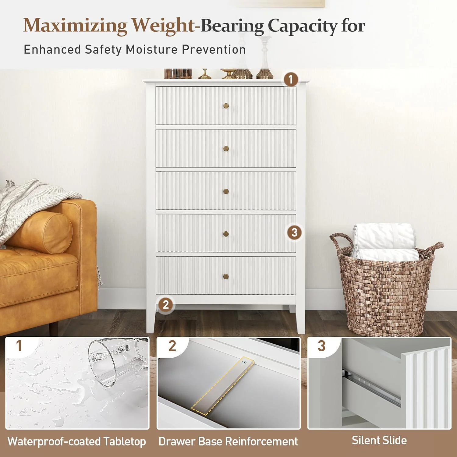 Heynemo Beige 6 Drawer Dresser, Fluted Modern Wood Chest - Image 85