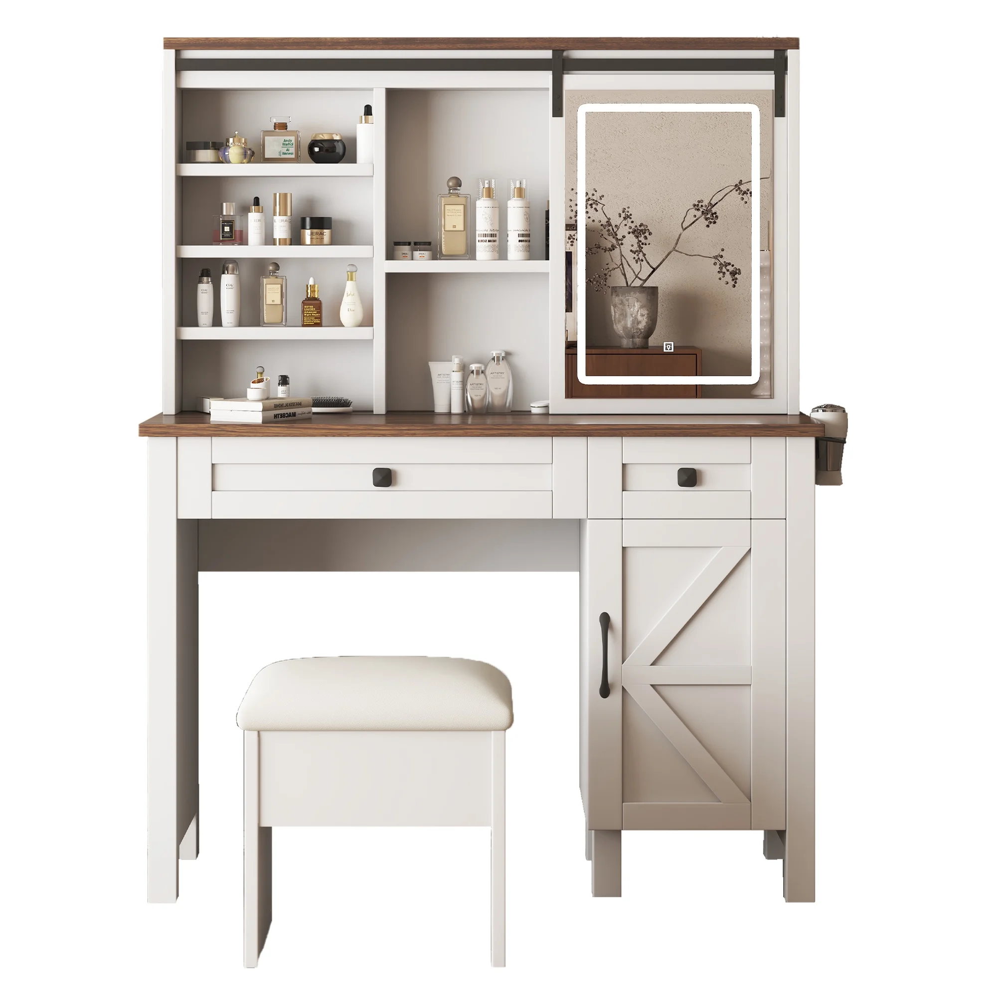 Montary Modern Mini Vanity w/Adjustable LED Mirror + Hidden Storage, Padded Stool & Dustproof Shelves (White) - Image 80
