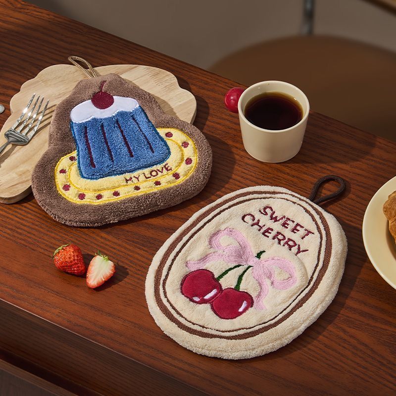 Cute Cherry Cake Design Cotton Hand Towel Quick-Dry for Home Use Absorbent Kitchen Bathroom Cloth
