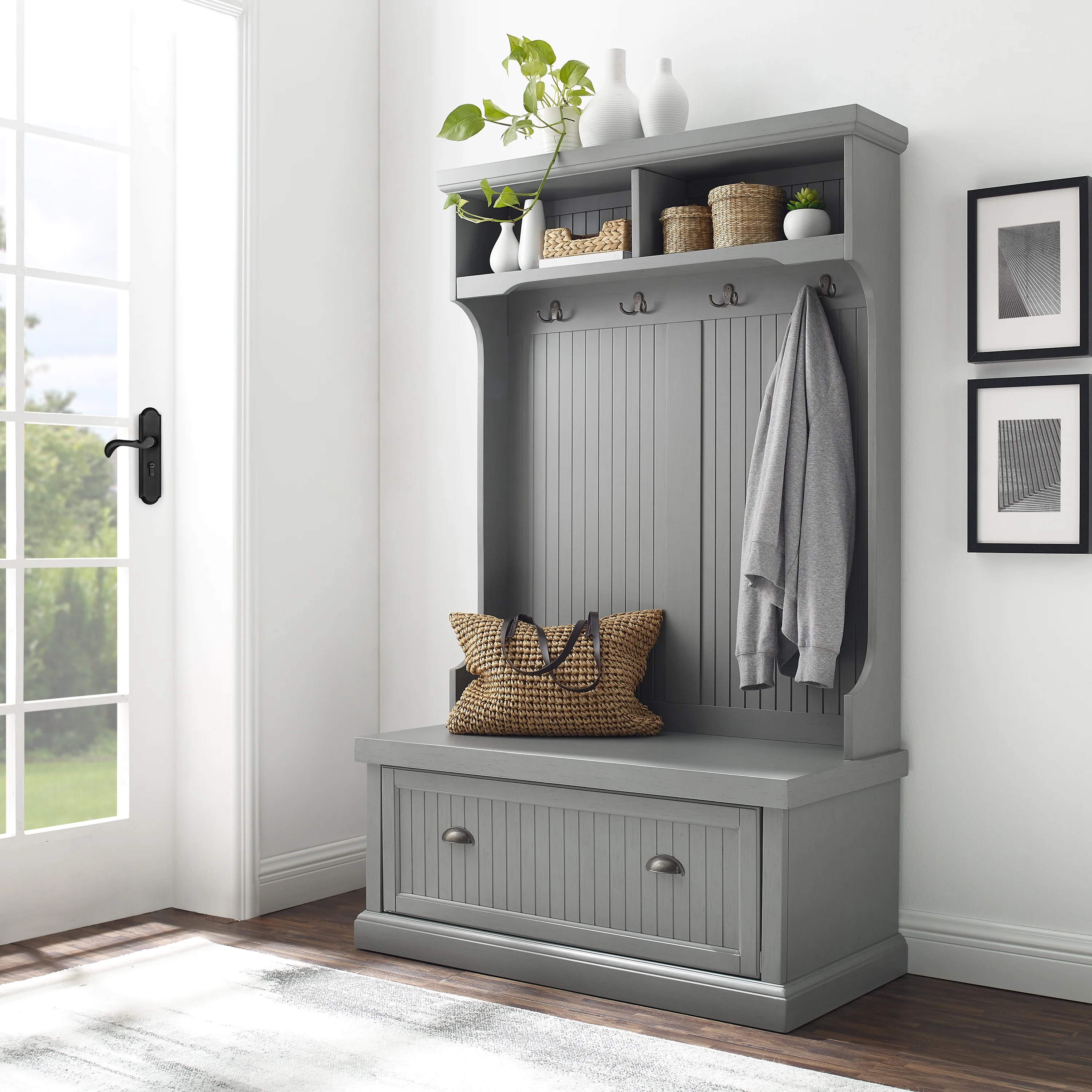 Crosley Furniture Seaside Coastal Wood Hall Tree in Distressed Gray and Chrome
