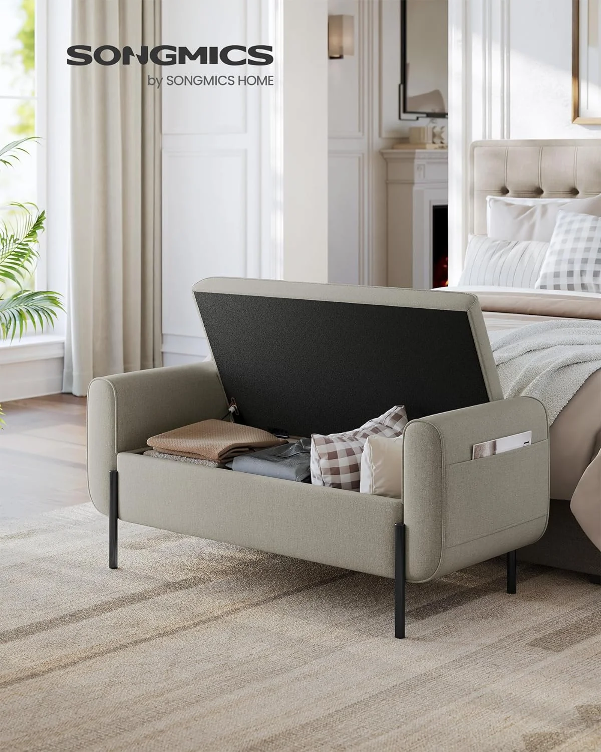 SONGMICS 46.5" Storage Ottoman Bench Storage Bench Bedroom Bench 330lb Load Capacity Solid Wood Legs Light Gray - Image 34