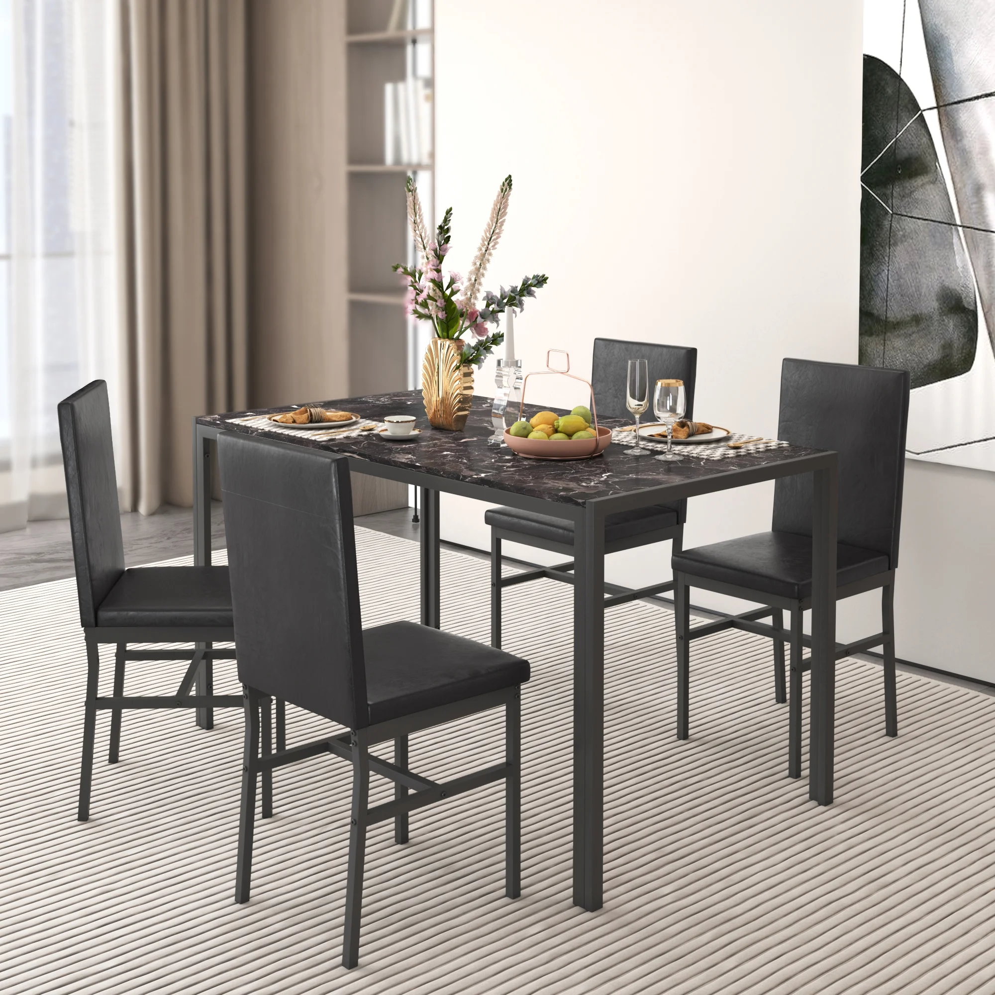 5 Piece Dining Set, Modern Dining Table and Chairs Set for 4, Counter Height Bar Table Set, Modern Pub Table with 4 Velvet Fabric Cushioned Stools, Faux Marble Dining Table & Stools Set, D9297 - Image 43
