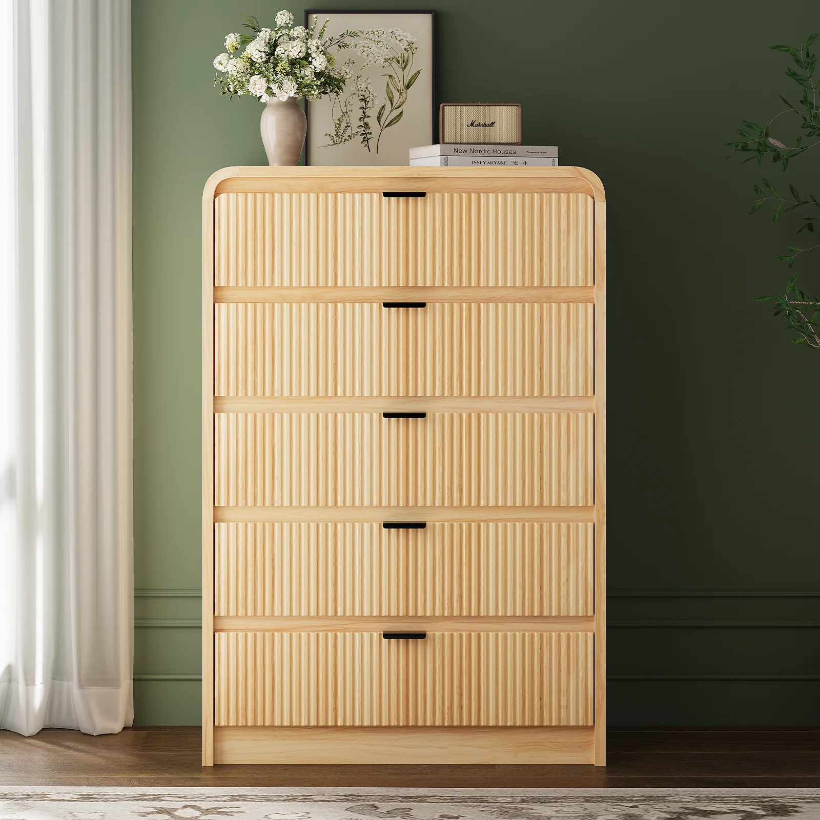 SELOOYE Fluted 5 Drawers Dresser for Bedroom, 47" Tall Modern Dresser Chest of Drawers, Black Accents, Fluted Fronts, Wood Storage Dressers Organizer for Bedroom, Living Room, Natural - Image 10