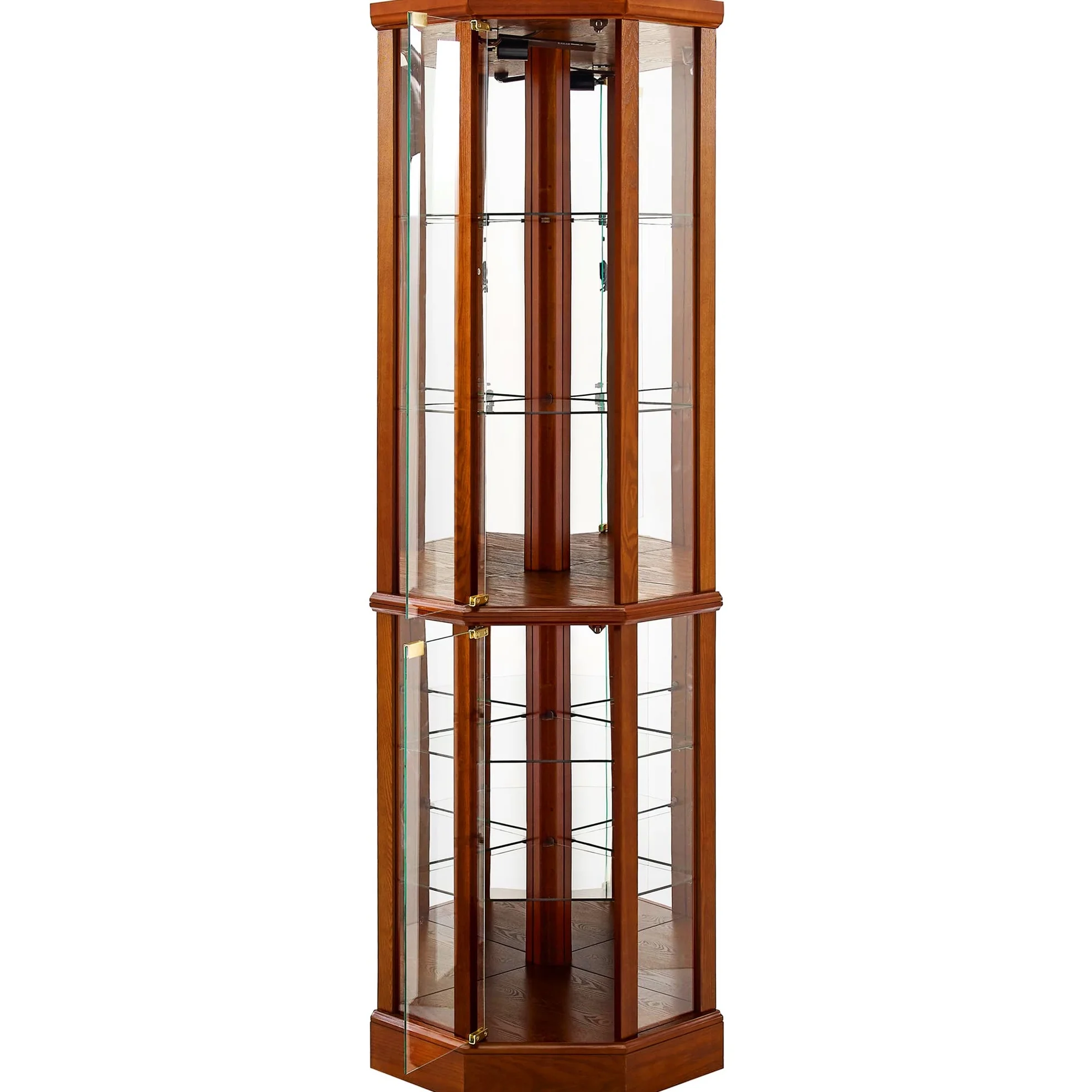 Walnut Cabinet With 6 Shelves, Adjustable Glass & Mirrored Back Design Shelf Lighted Corner Curio Shelves In - Image 20