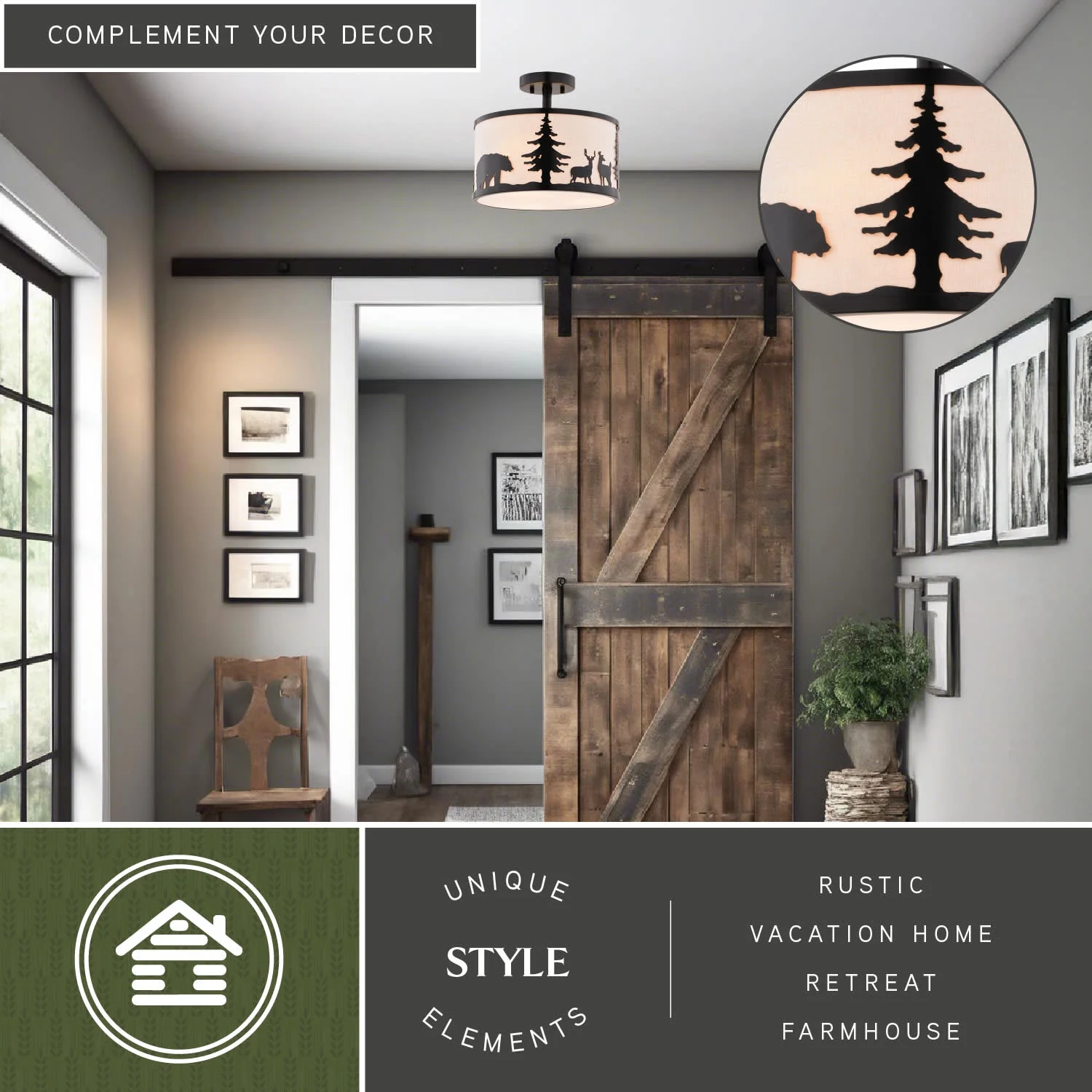 Acadia 13-in W Bronze Rustic Semi Flush Mount Ceiling Light White Linen Deer Tree
