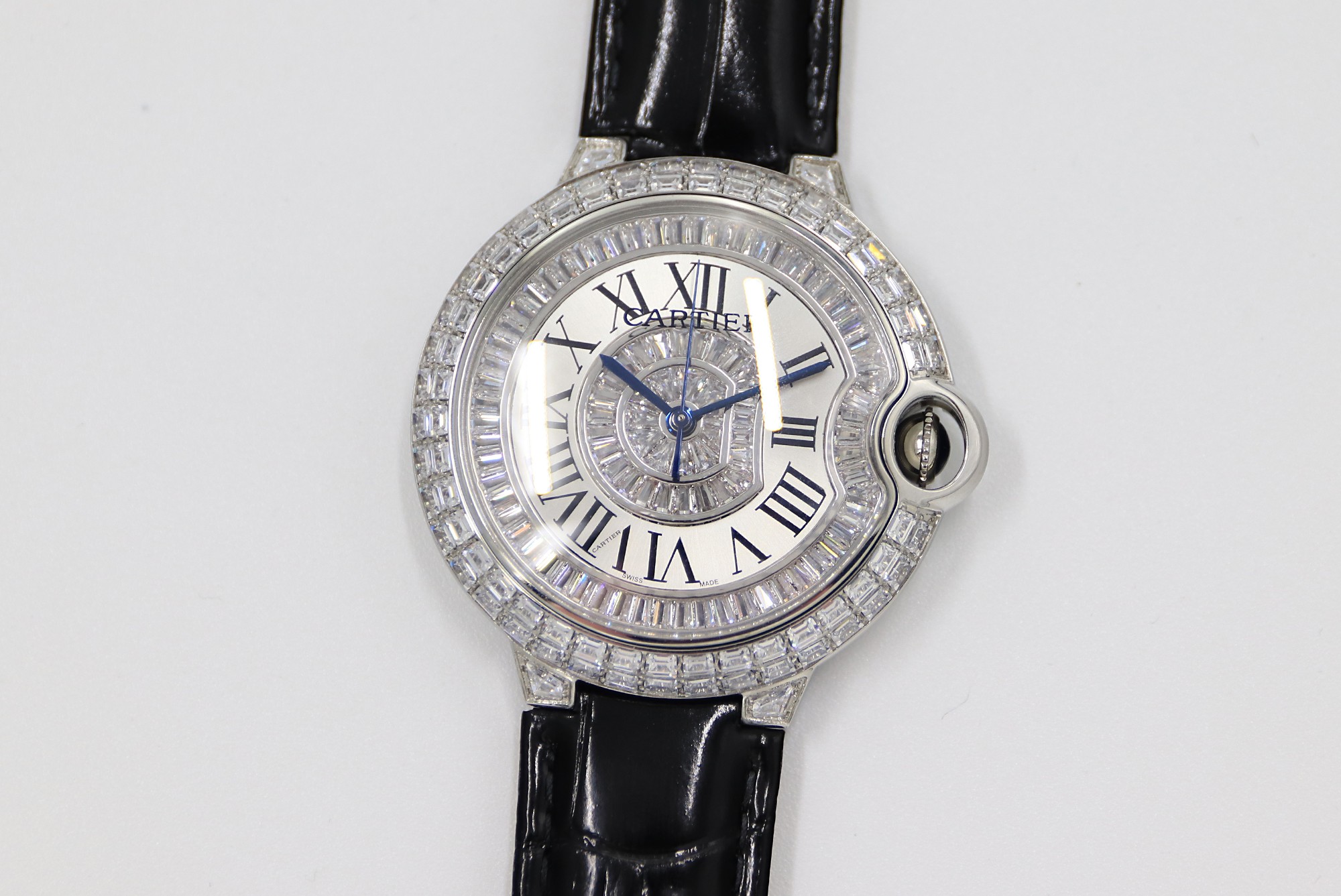 Cartier Blue Balloon Square Diamonds Full Sky Watch-Roman Numerals-White-Leather-42mm(1:1 replica) - Top club