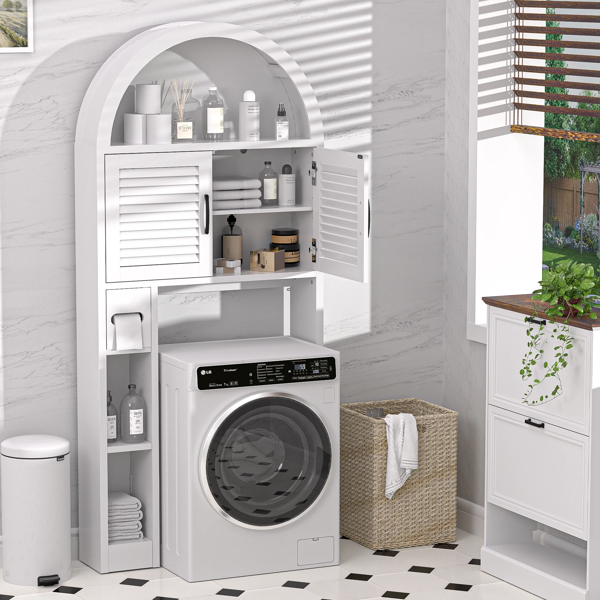 HARIPUL Over The Toilet Storage Cabinet w/ Unique Wood Grain & Arc Design, Freestanding Bathroom Shelf Organizer Space Saver w/ Doors & Anti-Tip Device, Wood Color - Image 62