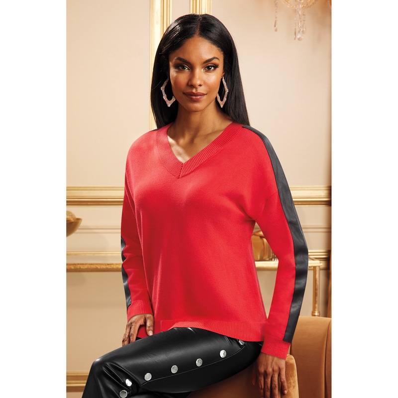 Faux-Leather-Trim Women's Sweater with V-Neck and Oversized Fit - MIDNIGHT VELVET CATALOG
