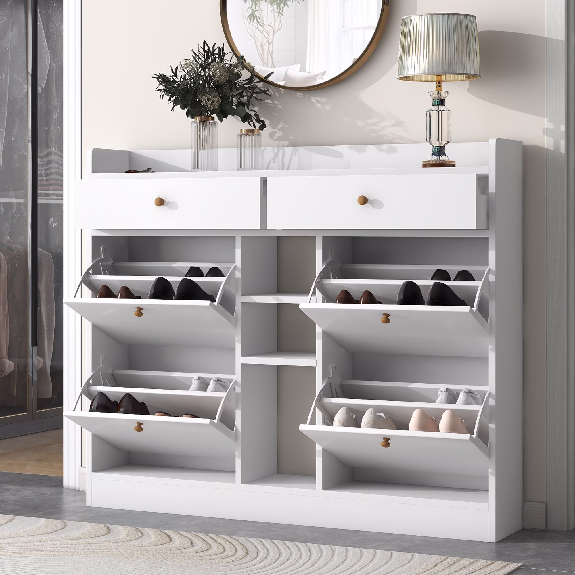 Aukfa Shoe Cabinet with 4 Flip Drawers and 2 Storage Drawers- Black - Image 3