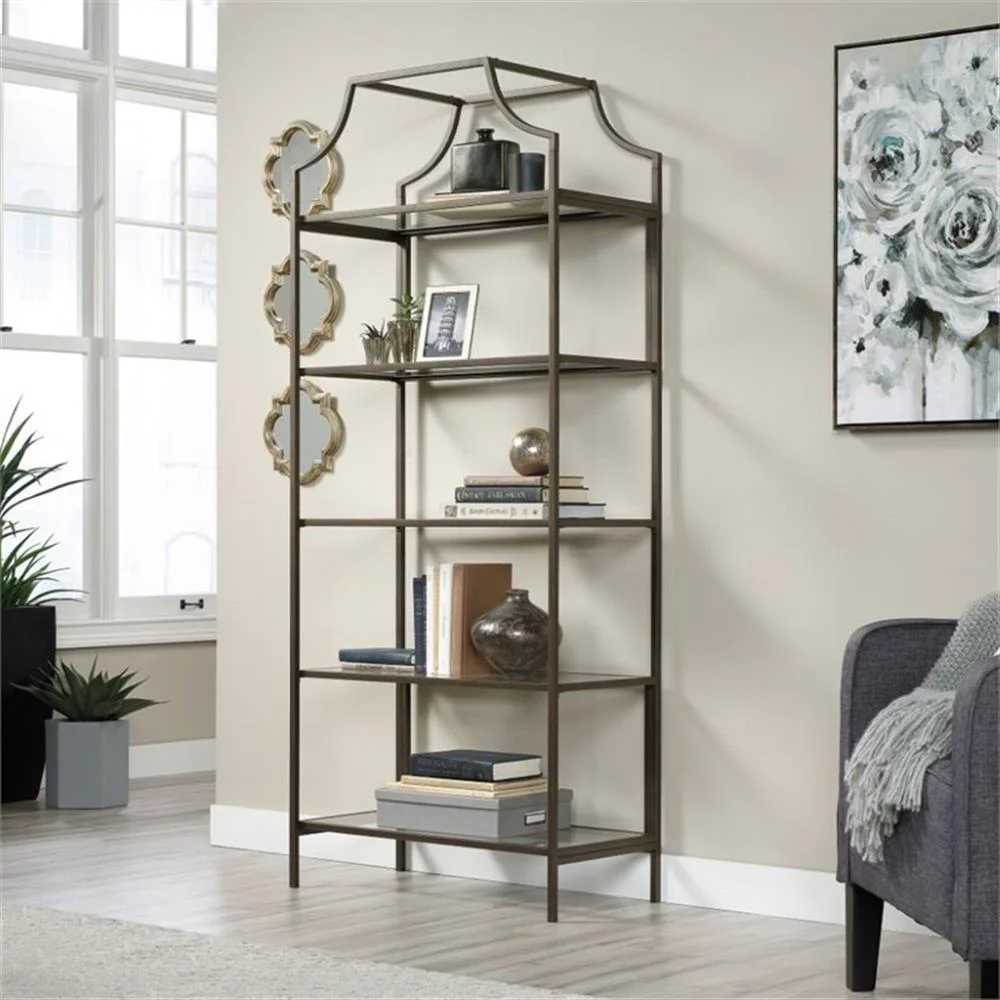 Pemberly Row 5-Shelf Modern Metal Bookcase in Gold Satin/Faux Deco Stone - Image 13