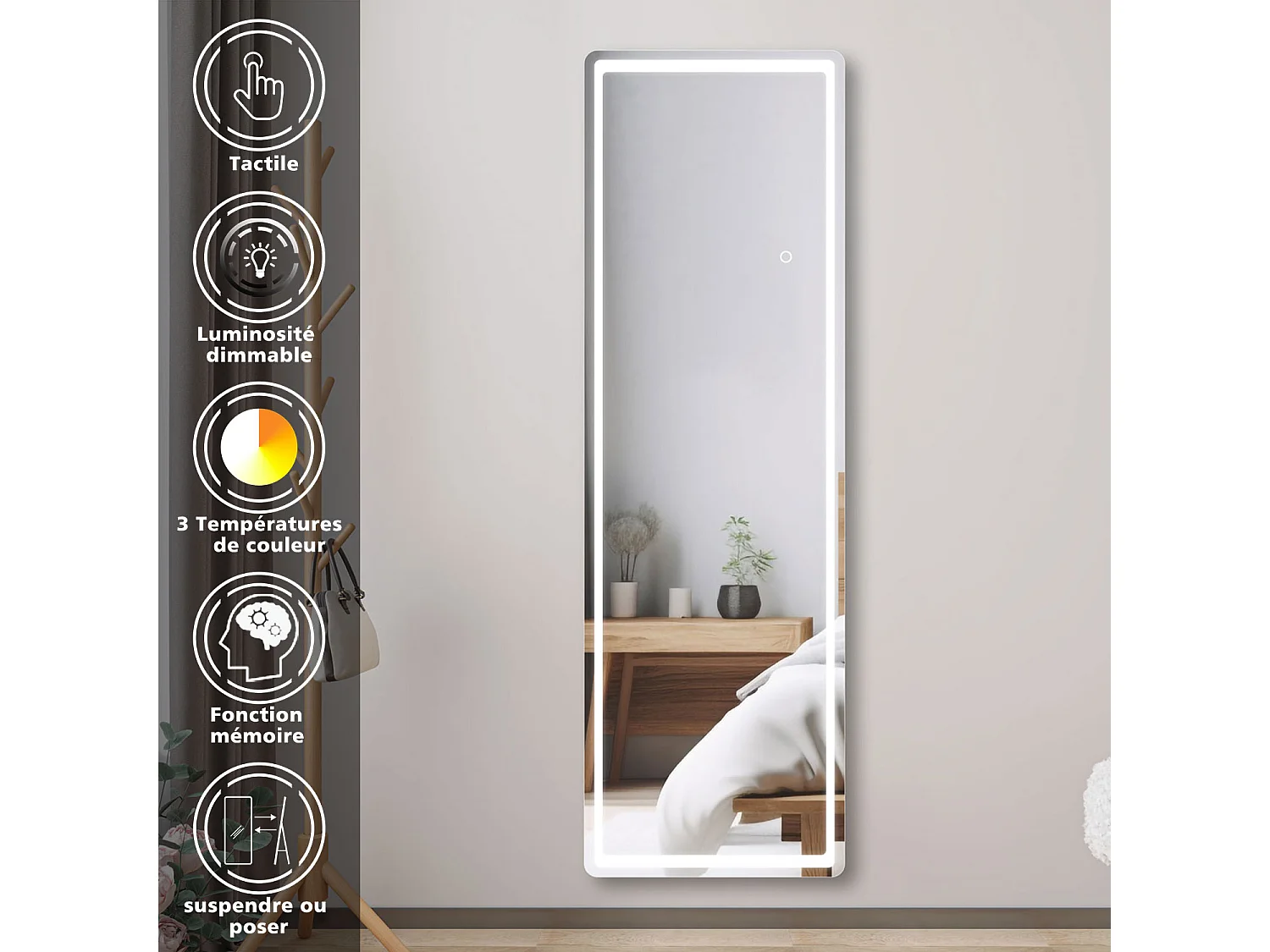 AICA Miroir sur Pied 160x50cm LED + 3 Couleurs + Dimmable + Mémoire, Environnemental, À suspendre ou À poser de Miroir corporel complet