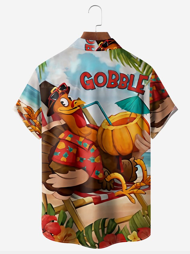 Thanksgiving Turkey Chest Pocket Short Sleeve Casual Shirt