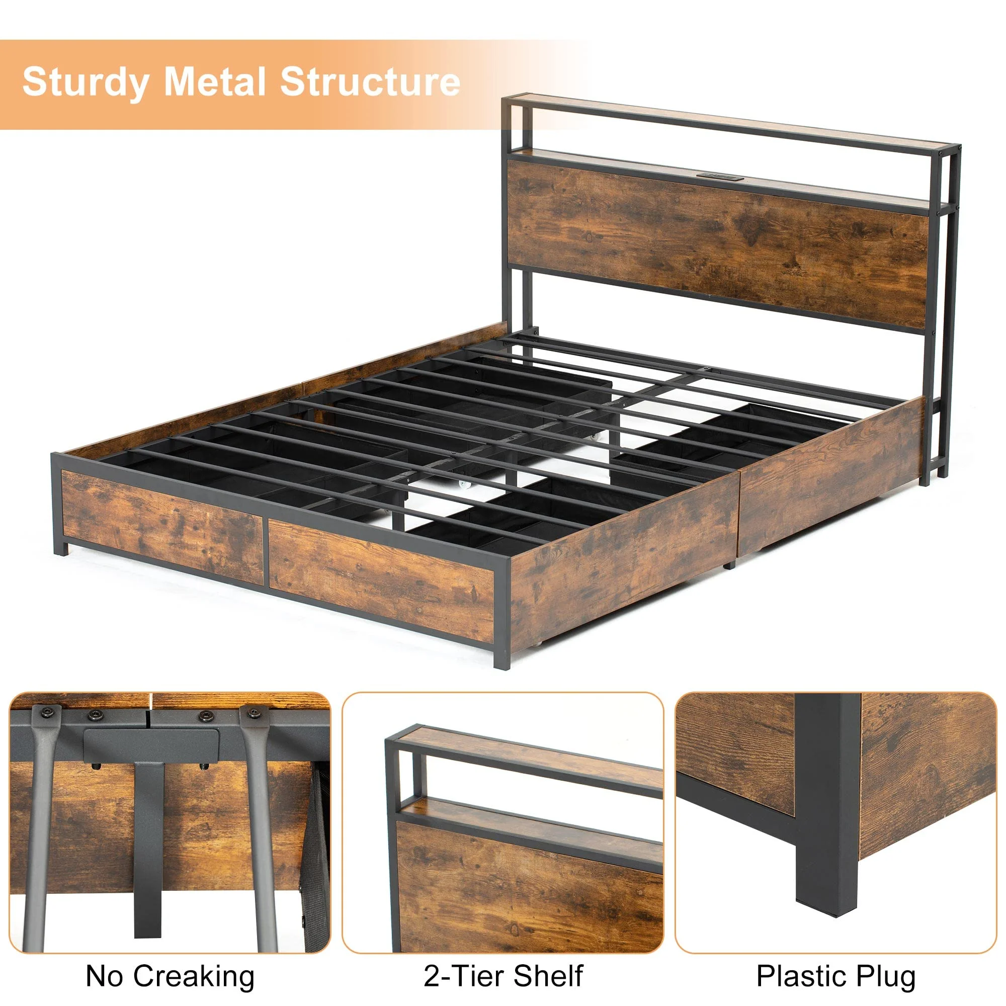 LED Full Bed Frame with Storage Headboard & 4 Drawers, Industrial Metal Platform Bed with Power Charging Station & USB Ports - Image 9