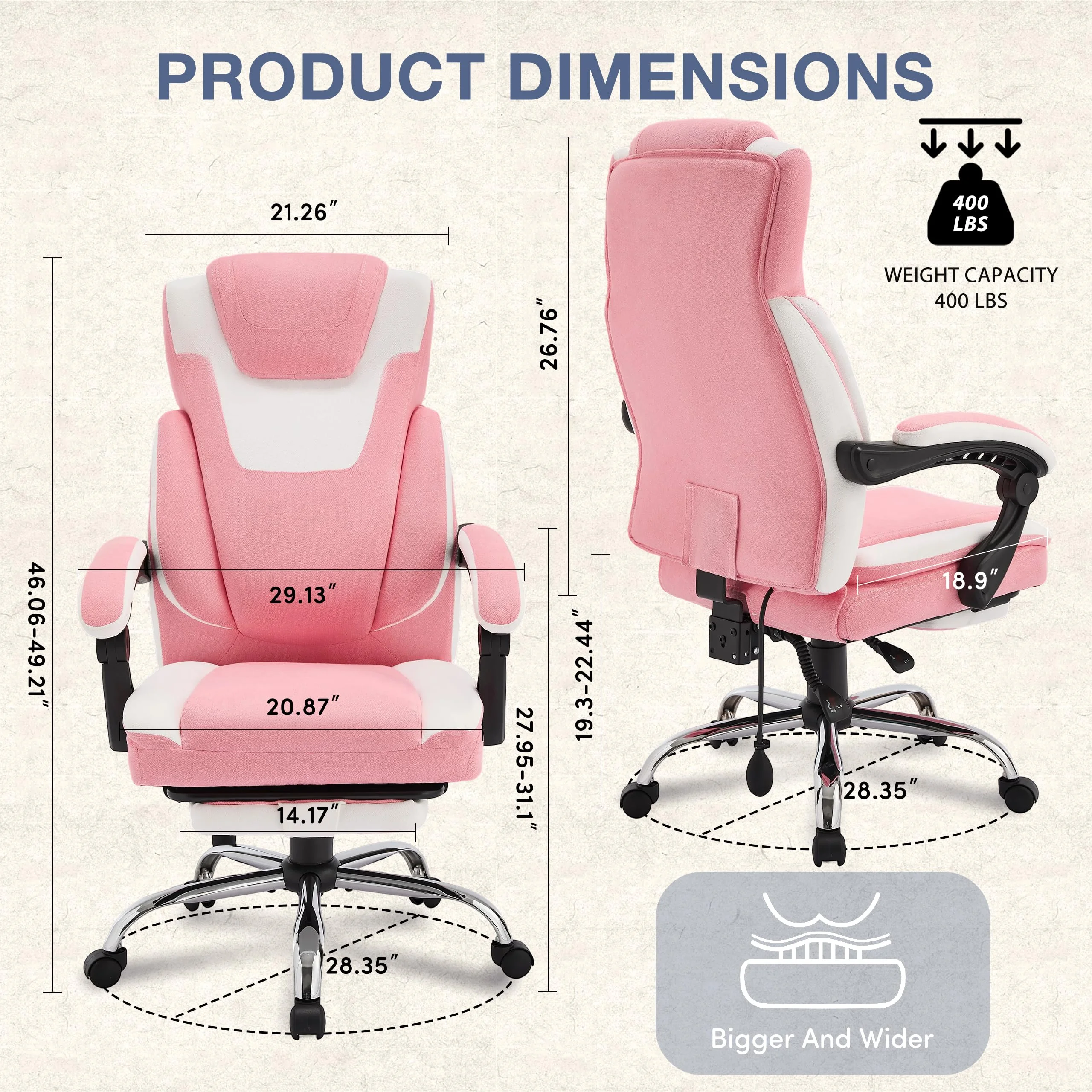 JONPONY Big and Tall Office Chair 400lbs, Executive Reclining Office Chairs with Footrest, High Back Home Office Chair Thick Padded Armrests, Ergonomic Adjustable Lumbar Support, PinkWhite - Image 11