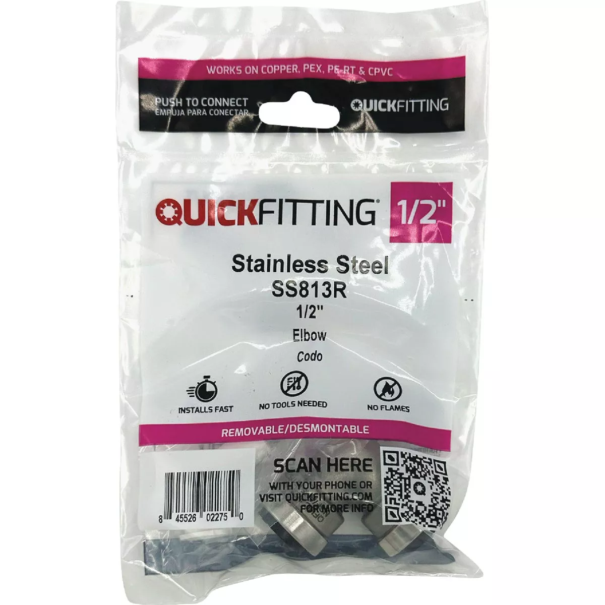 QuickFitting 1/2 In. x 1/2 In. Push-to-Connect Stainless Steel 90-Degree Elbow