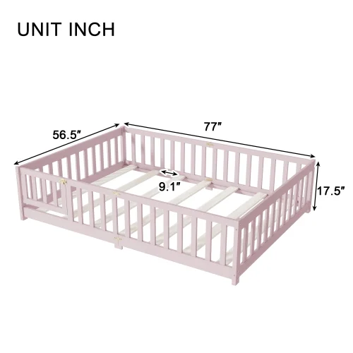 Bellemave Full Size Floor Bed with Door and Fence Floor Bed with Bed Slats Sturdy Wood Floor Bed Montessori Bed Frame (Full, Pink) - Image 8