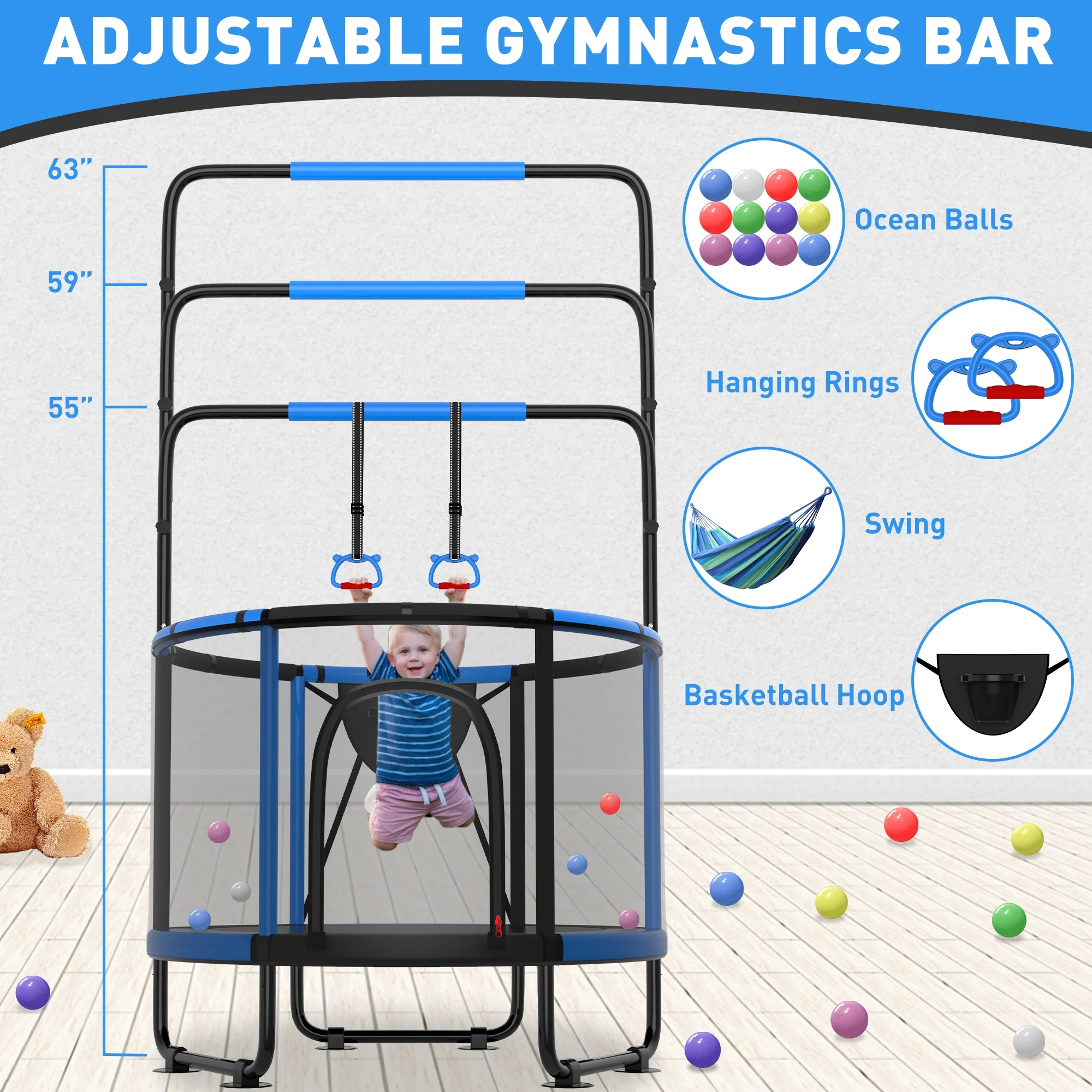 CITYLE Trampoline for Kids 600LBS 60'' 5FT Toddler Trampoline Indoor Outdoor with Basketball Hoop, Swing, Adjustable Bar, Mini Small Trampoline with Enclosure, Gifts for Toddlers, Boys & Girls - Image 51
