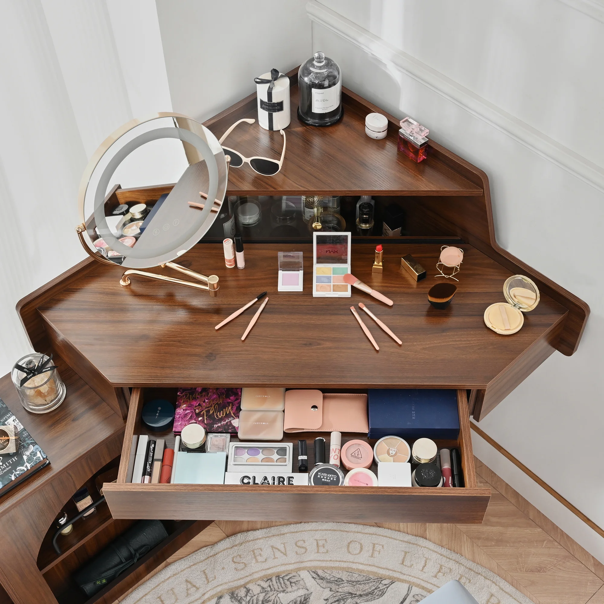 MODERNLUXE Corner Makeup Vanity Desk with Folding Mirror and Lights,Modern Vanity Set with 1 Stool,2 Drawers and 3 Shelves for Bedroom,Women, and Girls,Walnut - Image 6