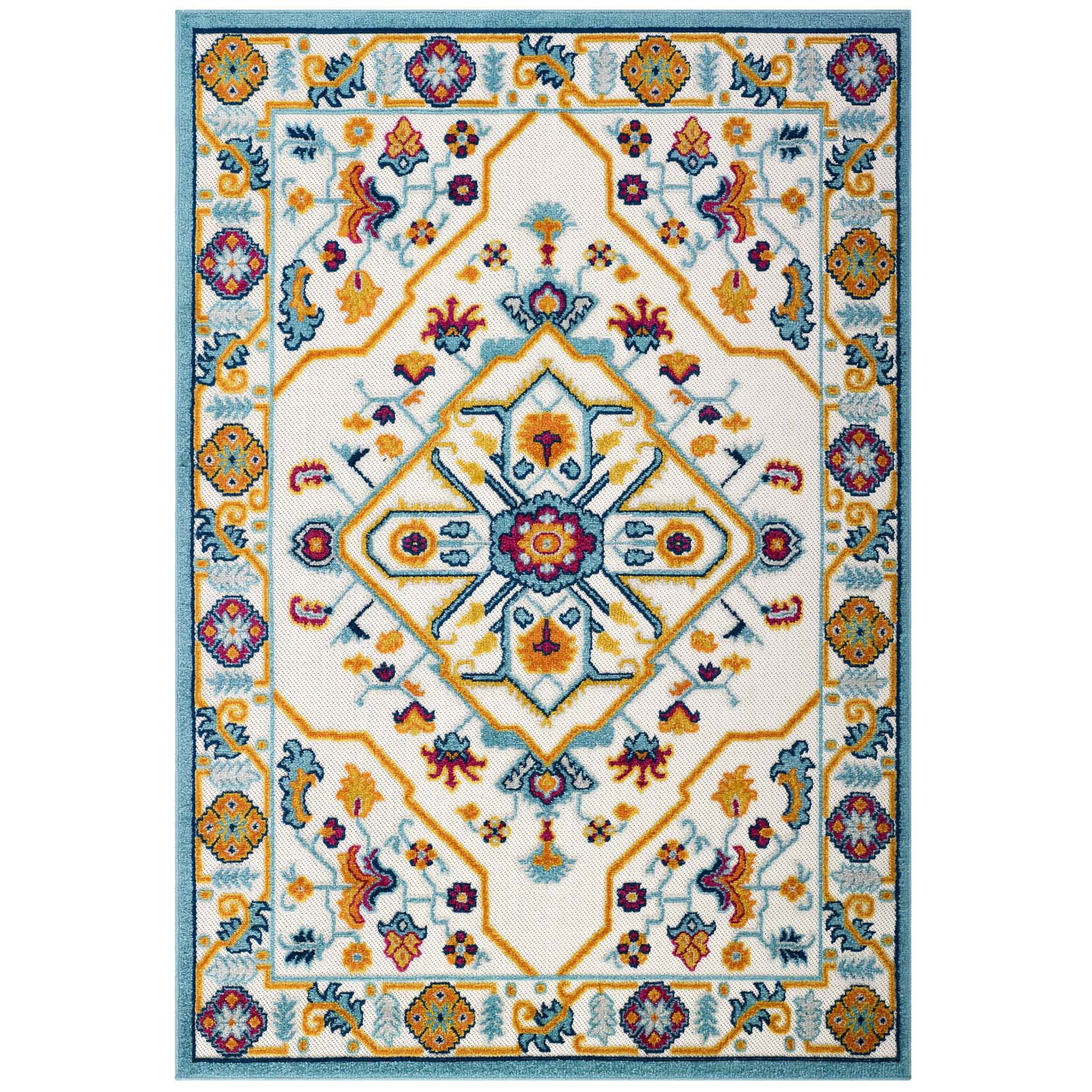 Modway Reflect Freesia Distressed Floral Vintage Medallion 5x8 Indoor and Outdoor Area Rug in Multicolored