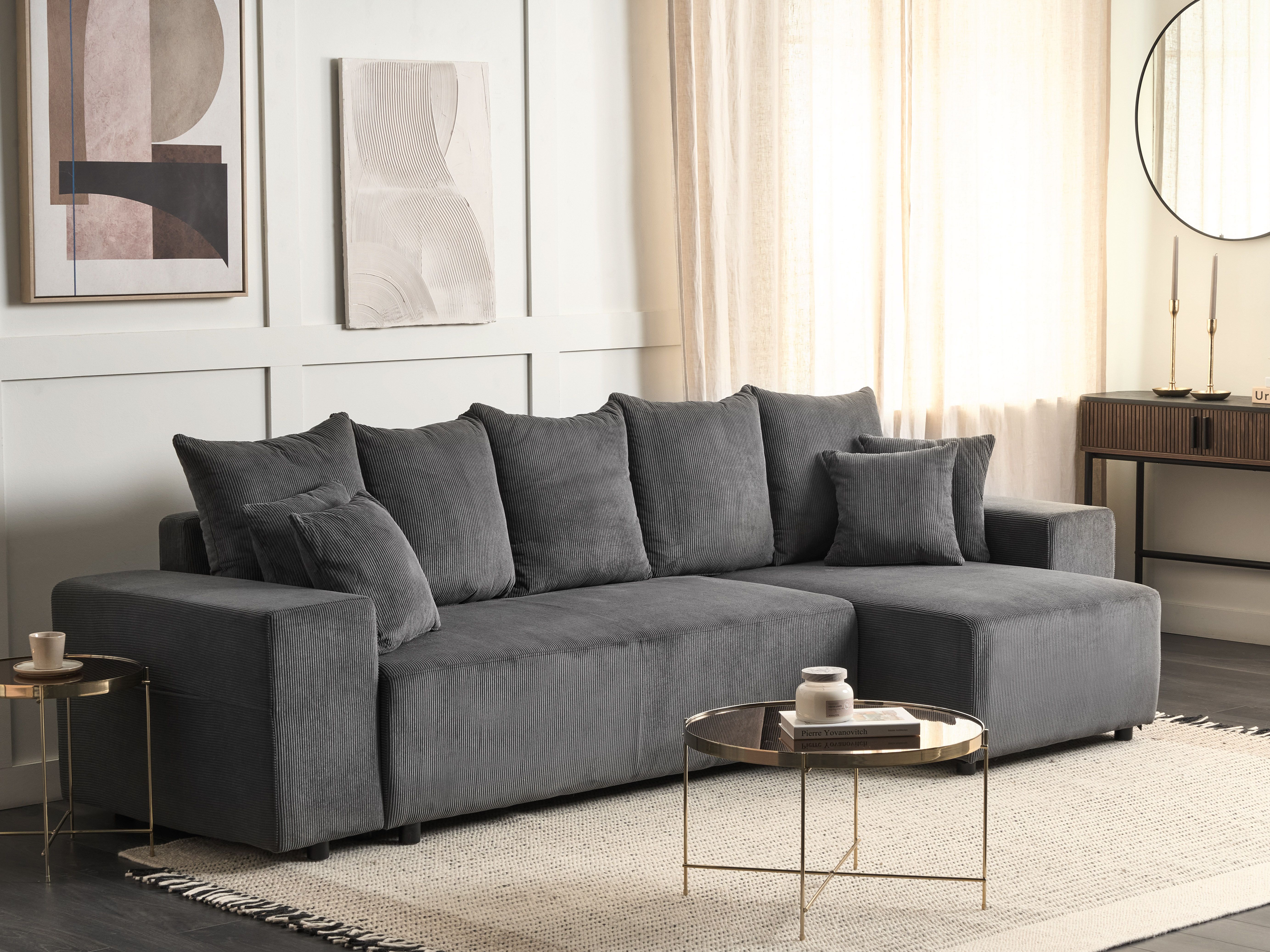 Corner Sofa Bed 3 Seater LUSPA Corduroy Dark Grey with Storage Left Hand
