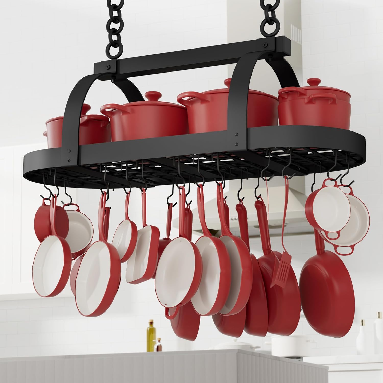 KES 48 Inch Large Hanging Pot Rack, Heavy Duty Oval Pot and Pan Hanging Rack Ceiling Mount, Pot Pan Hangers for Kitchen with 20 Hooks, Matte Black, (For 16