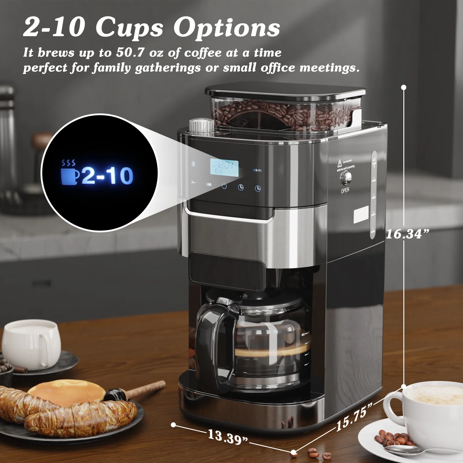 Auseo 10-Cup Drip Coffee Maker with Grinder, Grind and Brew Coffee Maker, 12-Hour Timer, 3 Brew Strength Options, Touch Screen, 1.5L Water Tank, Black