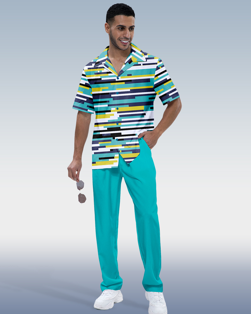 Suitmens Men's Blue Horizontal Stripe Short Sleeve Walking Suit