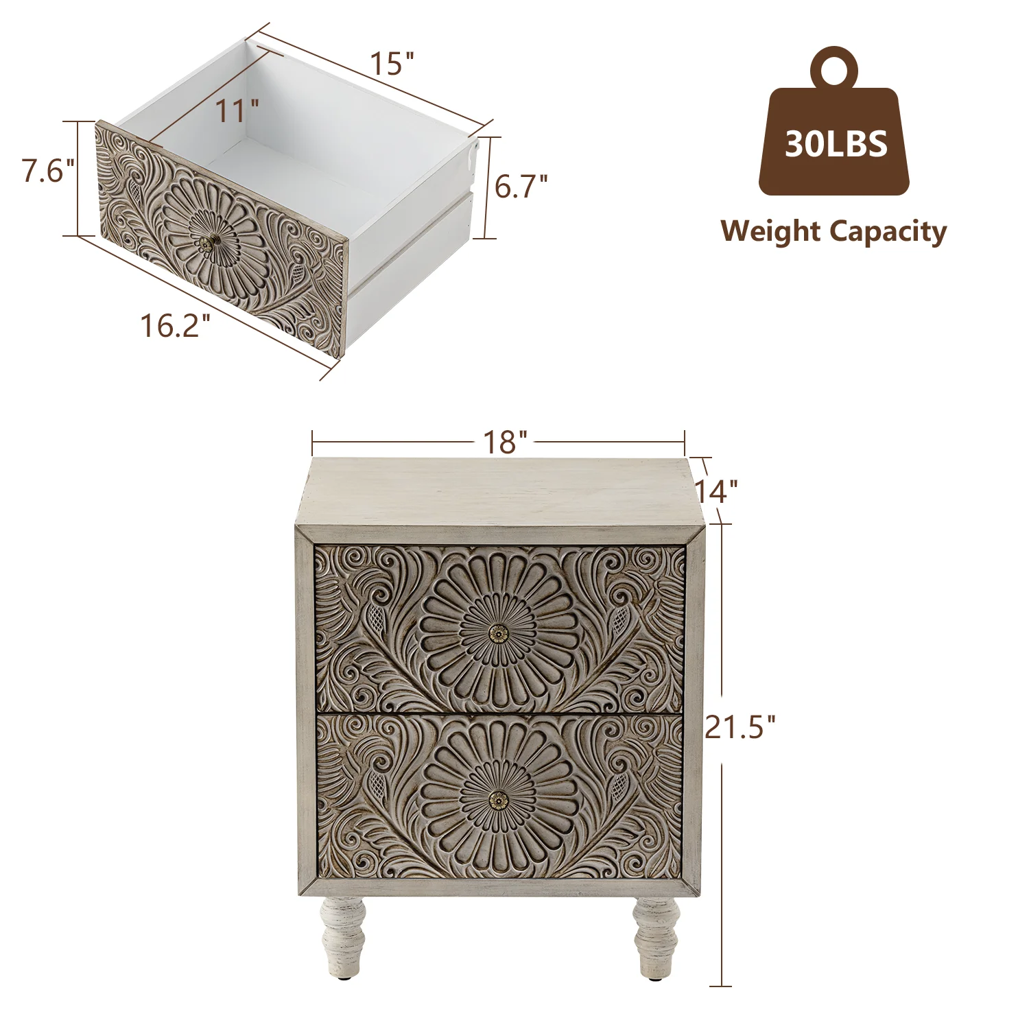 FOROUTIA Wooden Nightstand with 2 Drawers,Vintage MDF Bedside Tables with Storage
