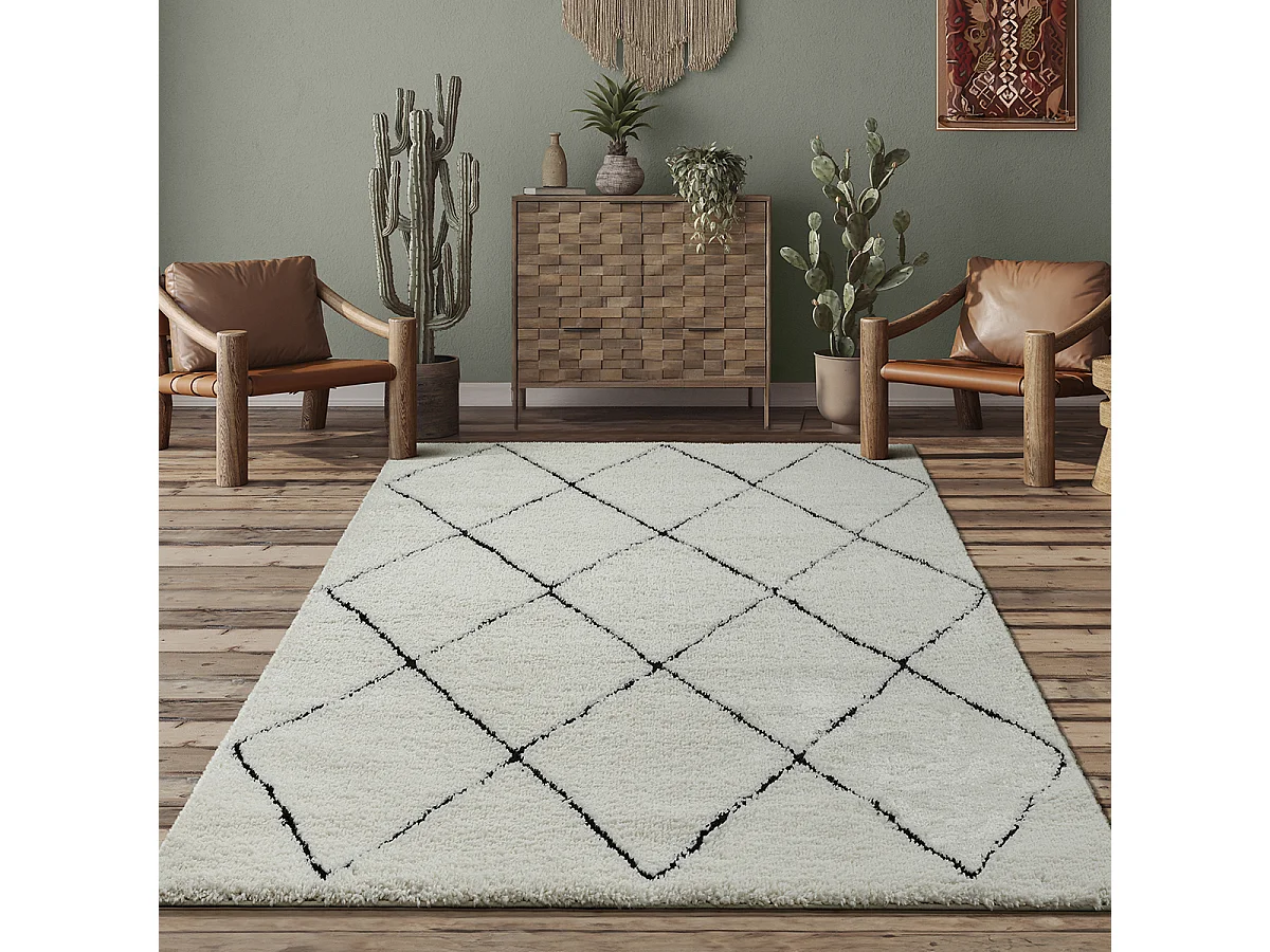 Tapis Bahar Shaggy moderne losange, Blanc Noir, 160 x 230 cm