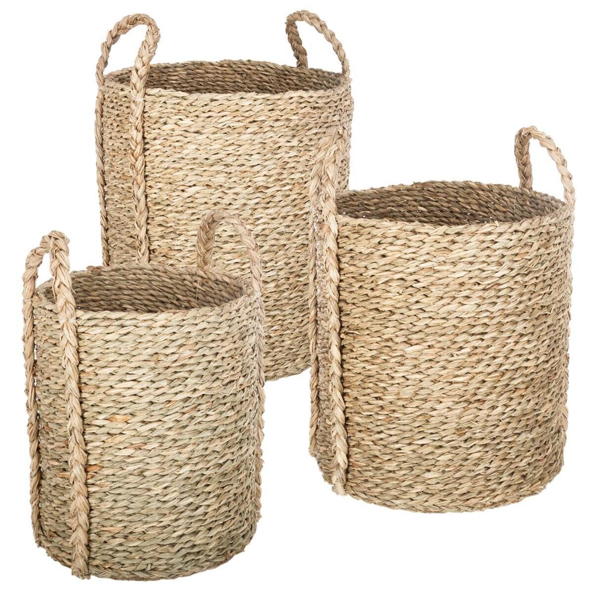 Set of 3 round handled baskets Woven reed, D.22/26/34 cm