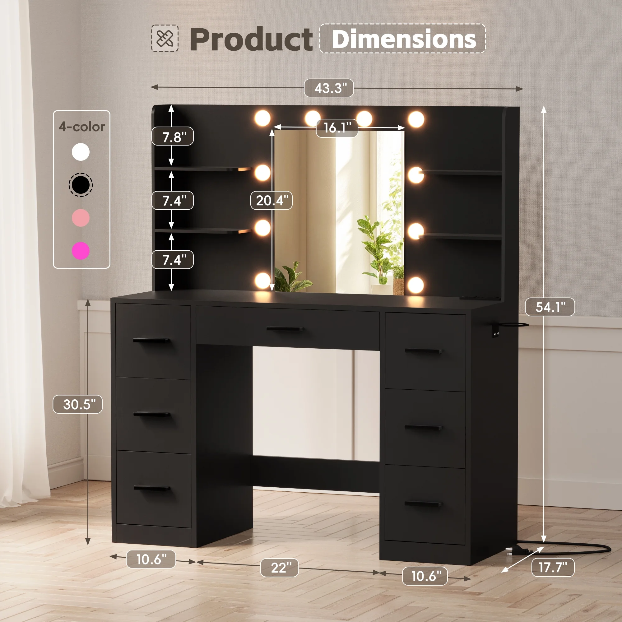 Lacoo Vanity Desk with Mirror and LED Lights, Makeup Vanity with 7 Drawers & 4 Shelves, Vanity Table with Power Outlet for Bedroom Dressing Room, White - Image 18