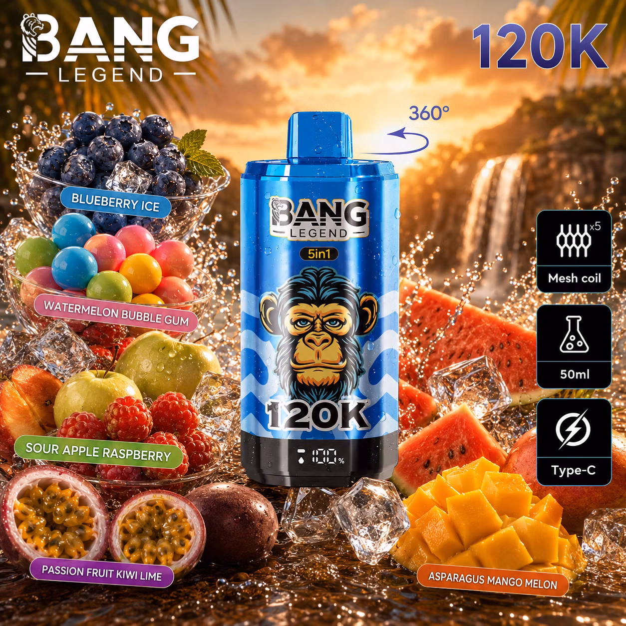 BANG LEGEND 120 000 puffów 5w1 – Blueberry Ice, Watermelon Bubble Gum, Sour Apple Raspberry, Passion Fruit Kiwi Lime