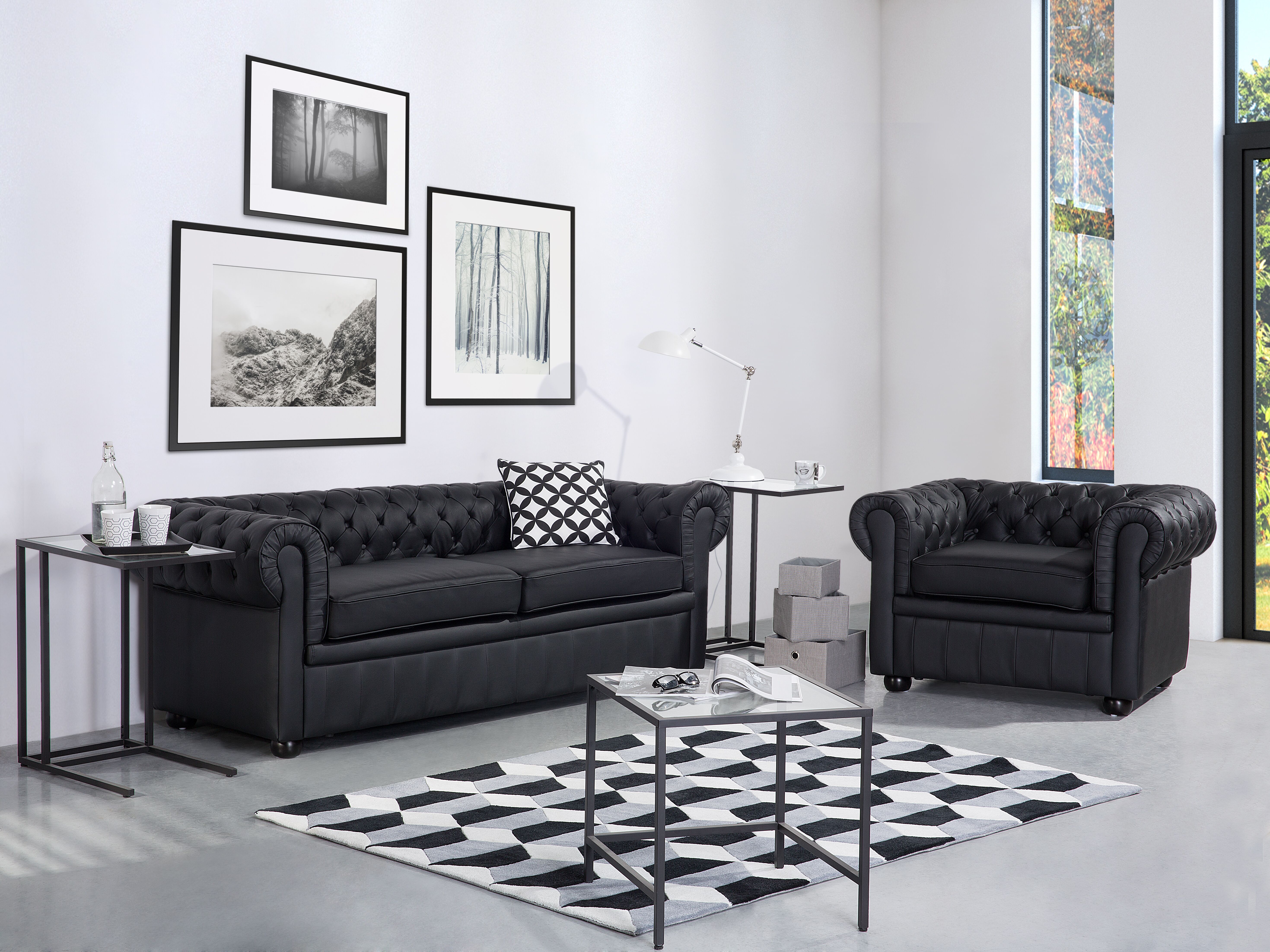Living Room Set 4 Seater CHESTERFIELD Leather Black