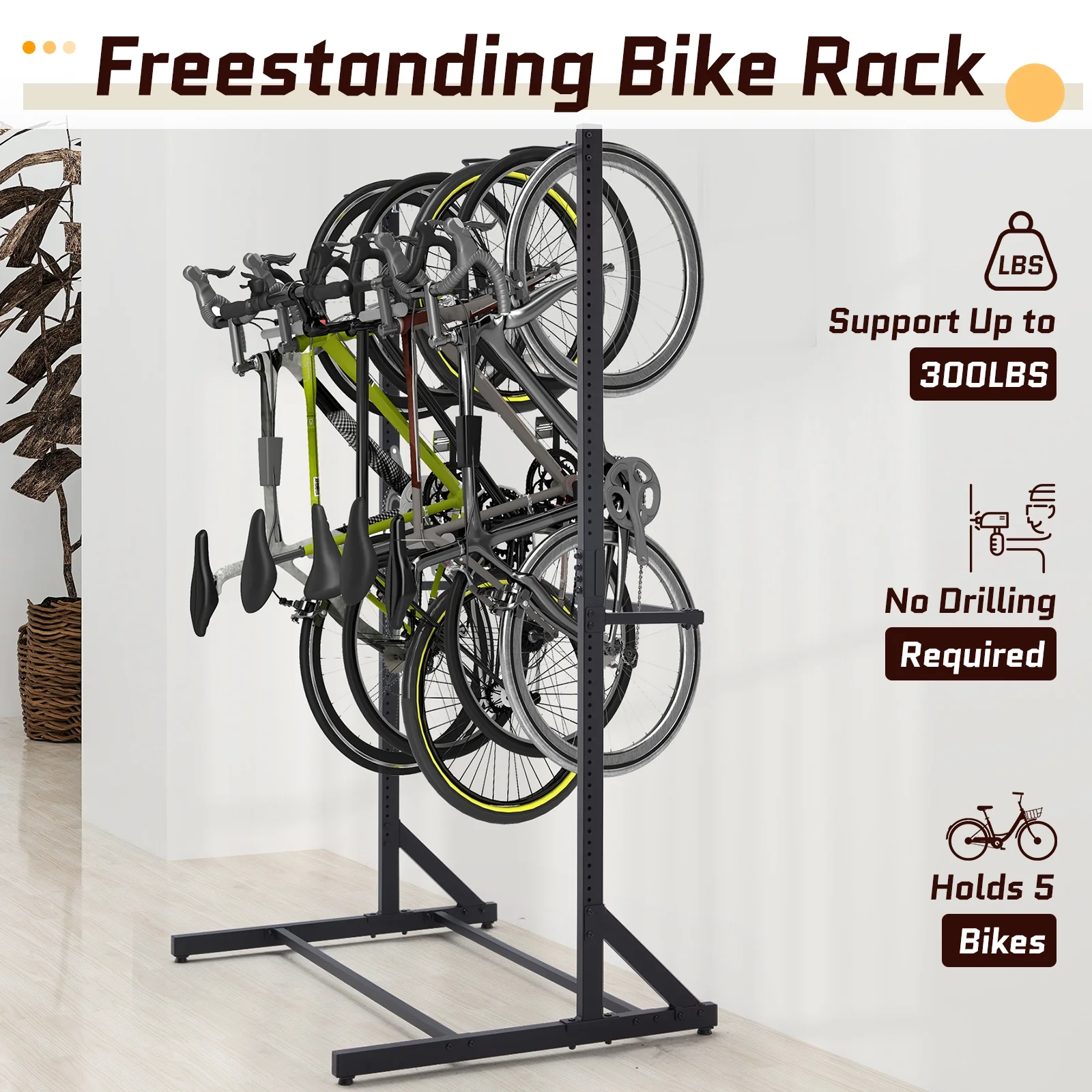 Danrelax Freestanding Bike Storage Rack, 300 lbs 5 Bikes Capacity, Vertical Bike Rack for Garage, Adjustable Hooks, Indoor Bicycle Storage Stand for Home, Black - Image 6