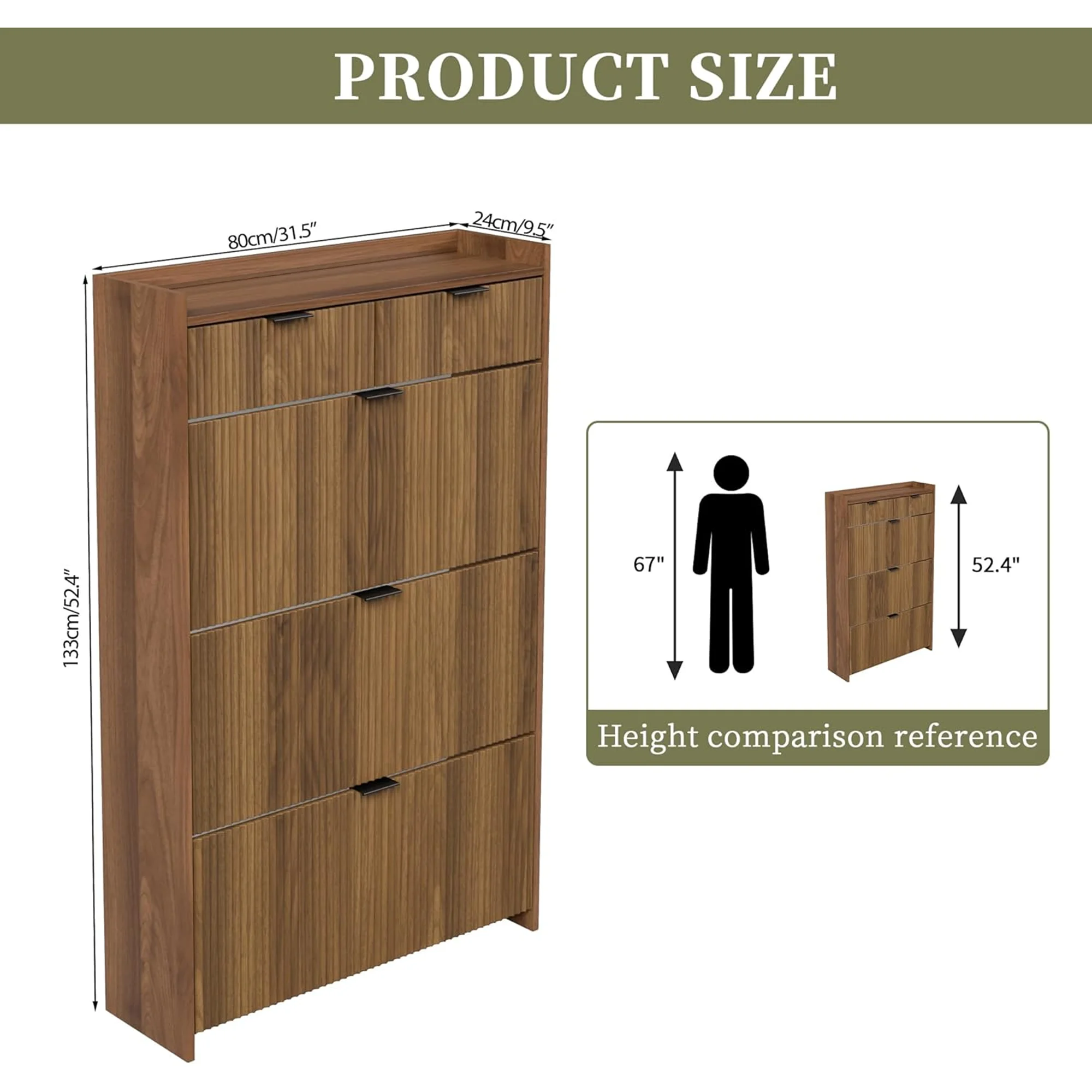 Shoe Cabinet, Free Standing Tipping Bucket Shoe Rack Organizer with 3 Flip Drawers, Modern Entryway Narrow Shoe Rack with 2 Drawers & Top Storage, for Hallway Bedroom, Walnut - Image 2