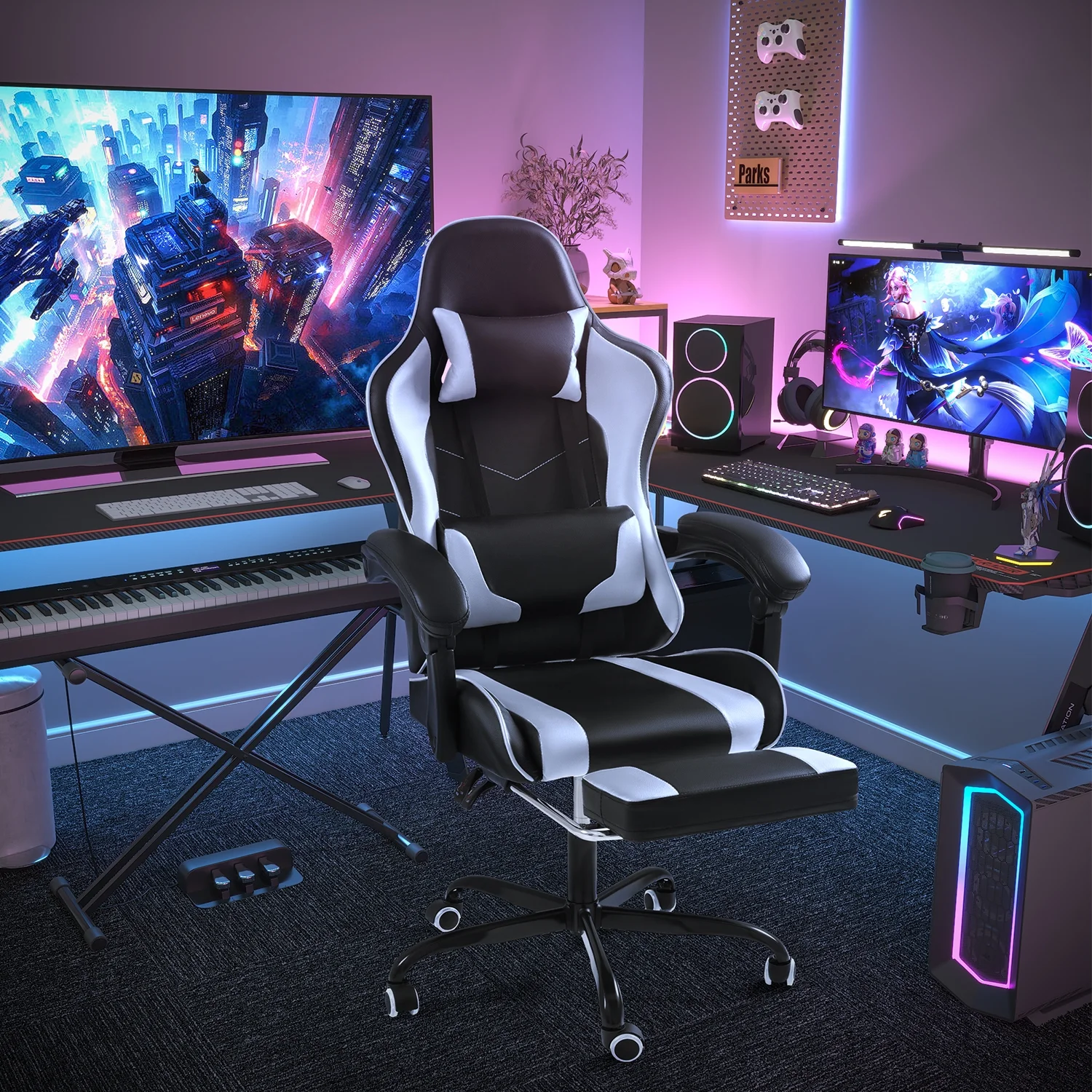 Lacoo PU Leather Gaming Chair Massage Ergonomic Gamer Chair Height Adjustable Computer Chair with Footrest & Lumbar Support, White - Image 2