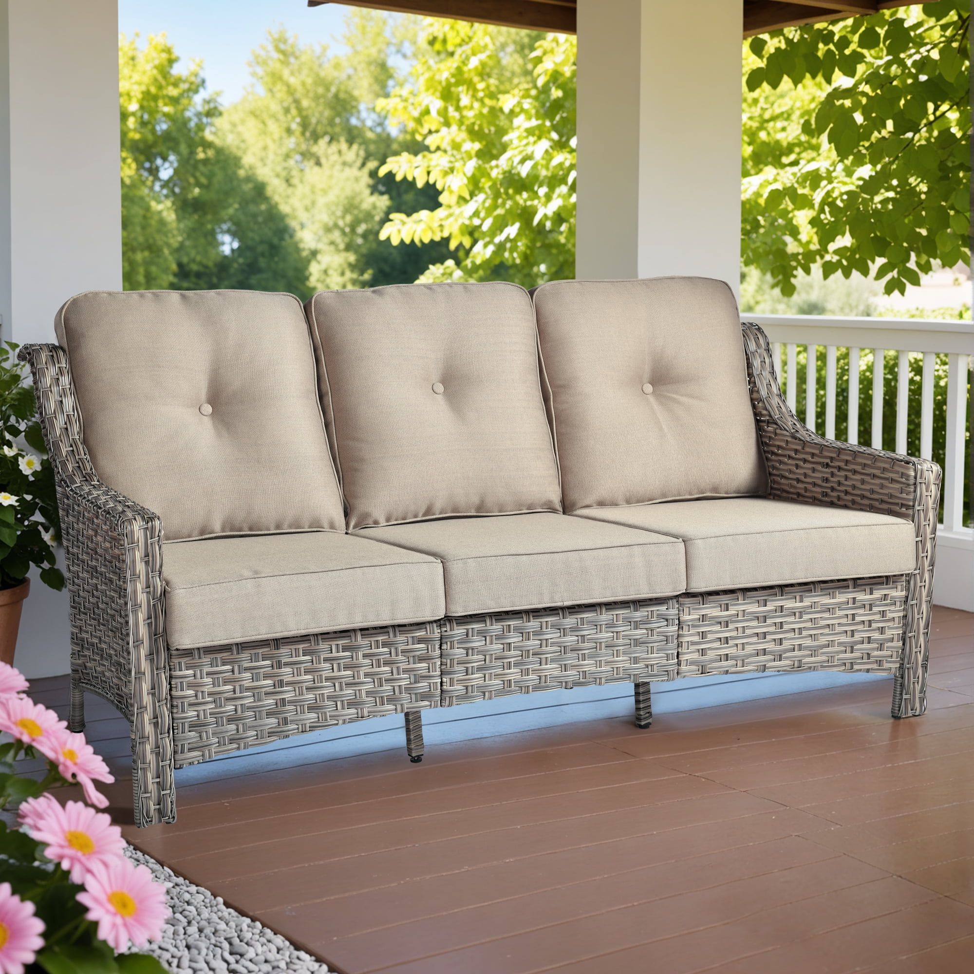 Ovios Outdoor Patio Sofa 3-Seater with Cushions All-Weather Wicker Rattan Couch for Garden, Porch, or Backyard - Image 24